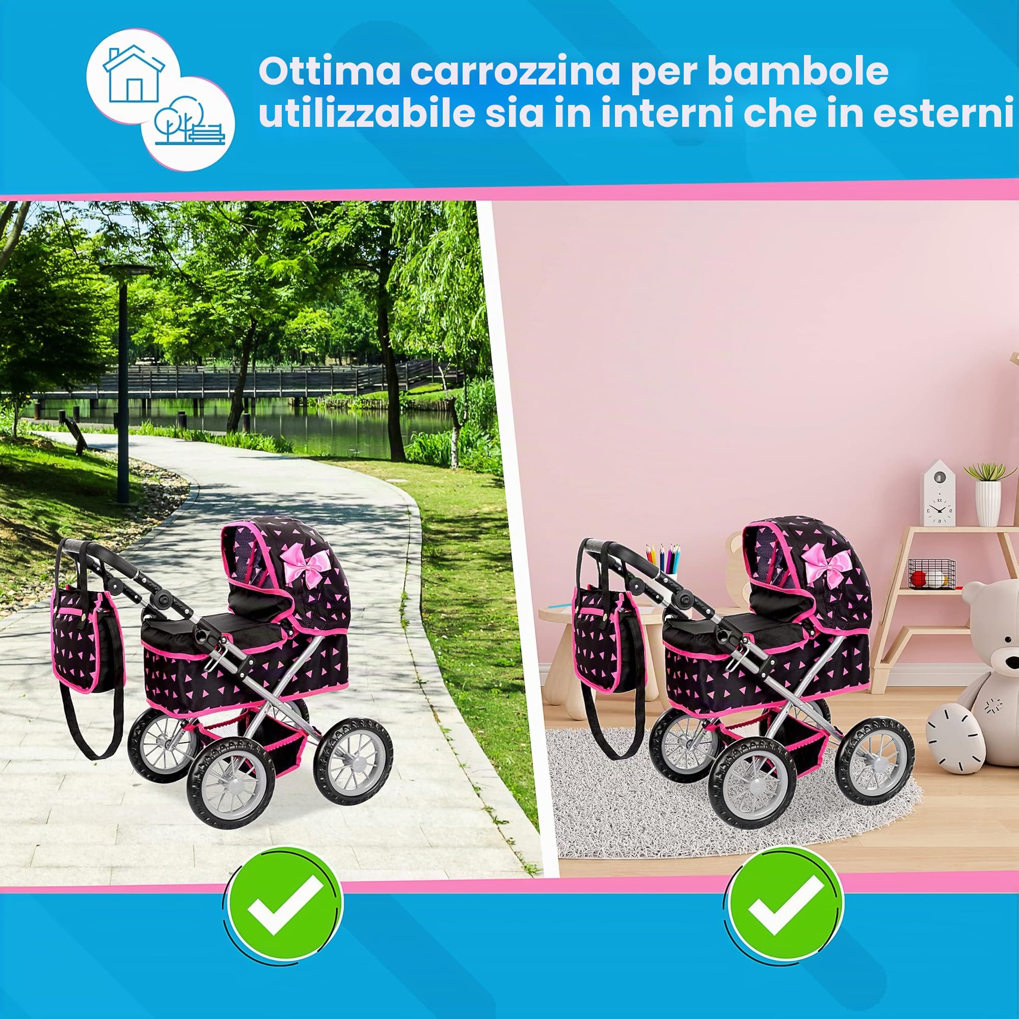 Kinderplay Carrozzina per Bambole con Gondola – Manico Regolabile 33–63 cm – Adatta a Bambole fino a 41 cm – Ruote in Schiuma Silenziose – Passeggino Giocattolo 3+