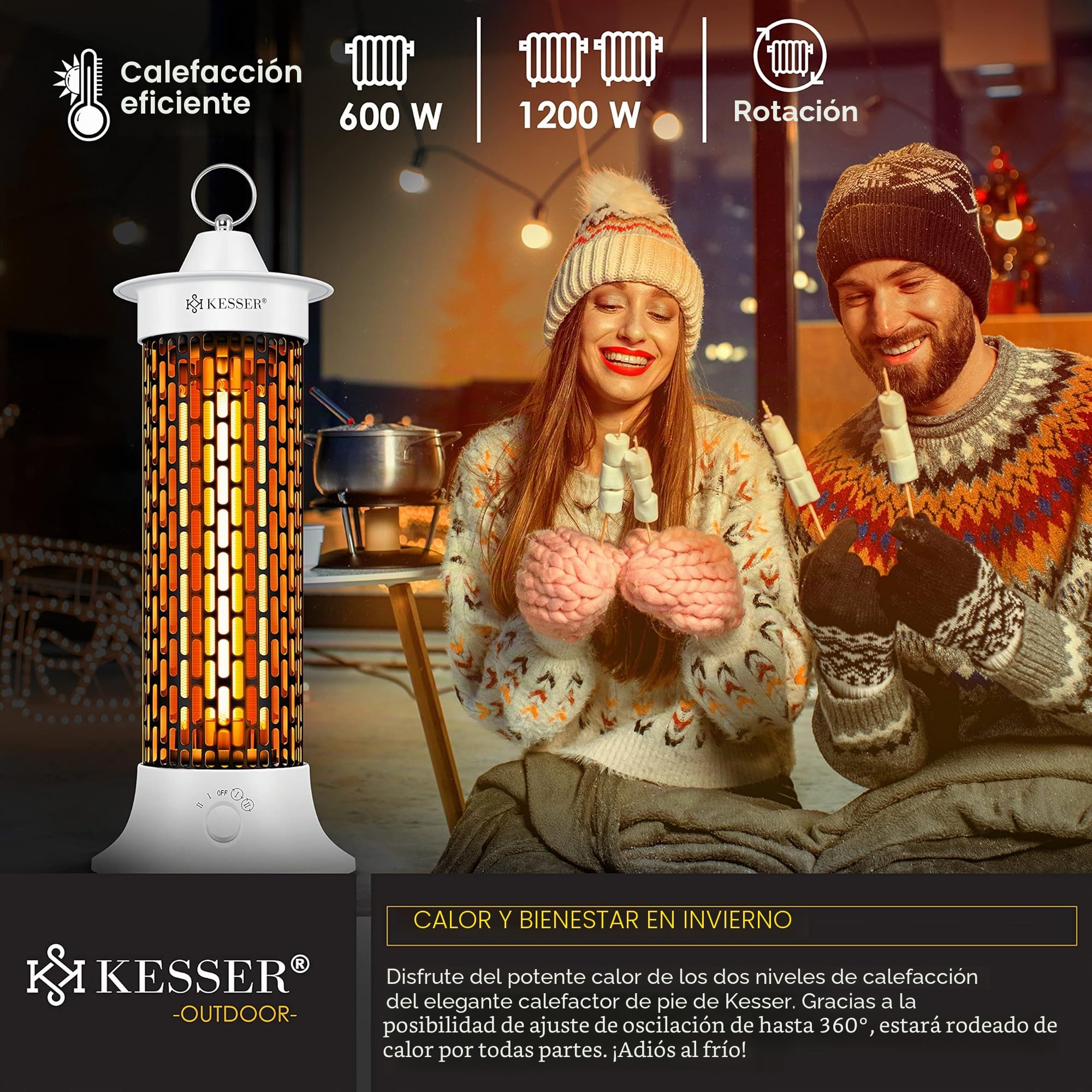KESSER® Radiador de pie por infrarrojos, 1200 W, radiador eficiente energéticamente para interiores con oscilación de 360°, dispositivo de pie de calefacción por infrarrojos, calefacción eléctrica