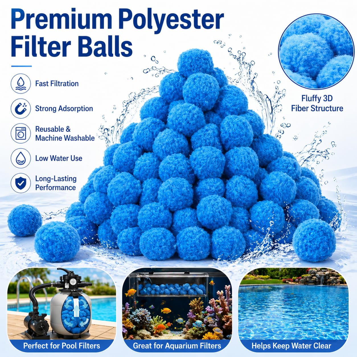Sfere filtranti per piscina, per filtro a sabbia, palline di filtraggio riutilizzabili in polisfera, ecologiche, per piscina, palline filtranti blu per pompa a sabbia per piscina fuori terra (2,1 kg)