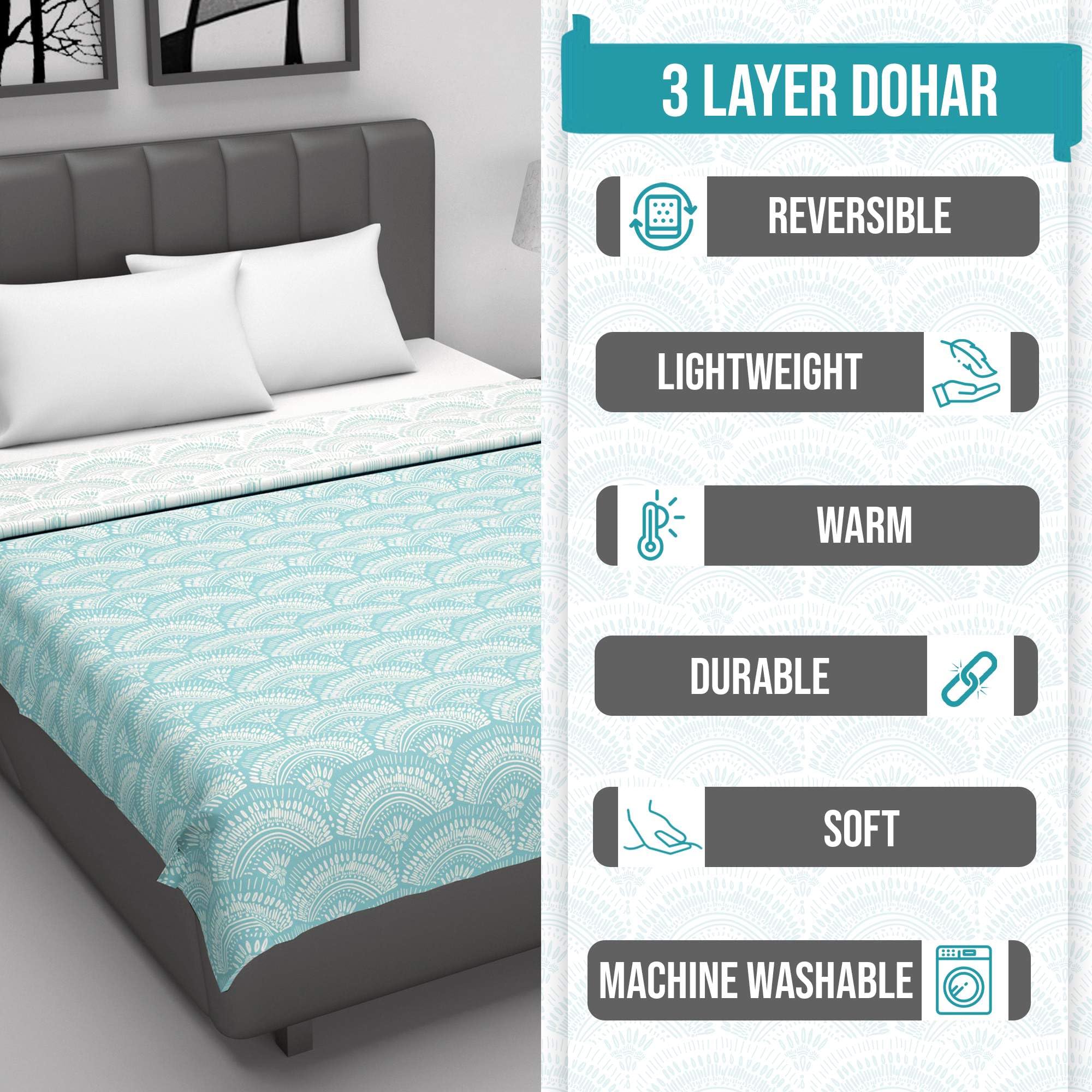 Divine Casa 120 GSM Microfiber Single Dohar | Soft & Lightweight Throw Blanket | Cozy & Breathable | All-Season Comfort | 210 x 140 CM | Art Deco Fan Pattern | Aqua & White 3