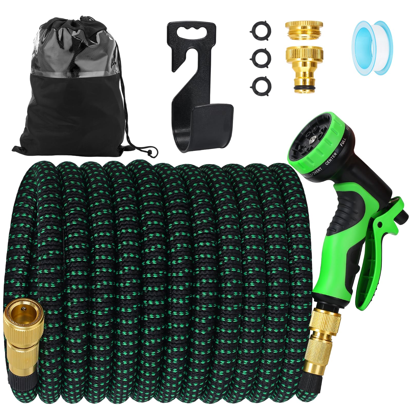 Expandable Garden Hose Pipe100FT, Flexible Hosepipe for Lawn Expanding Retractable with 10 Function Spray Gun Nozzle, Anti-Kink,Magic Water Hose Attachments 3/4"& 1/2" Solid Brass Connectors