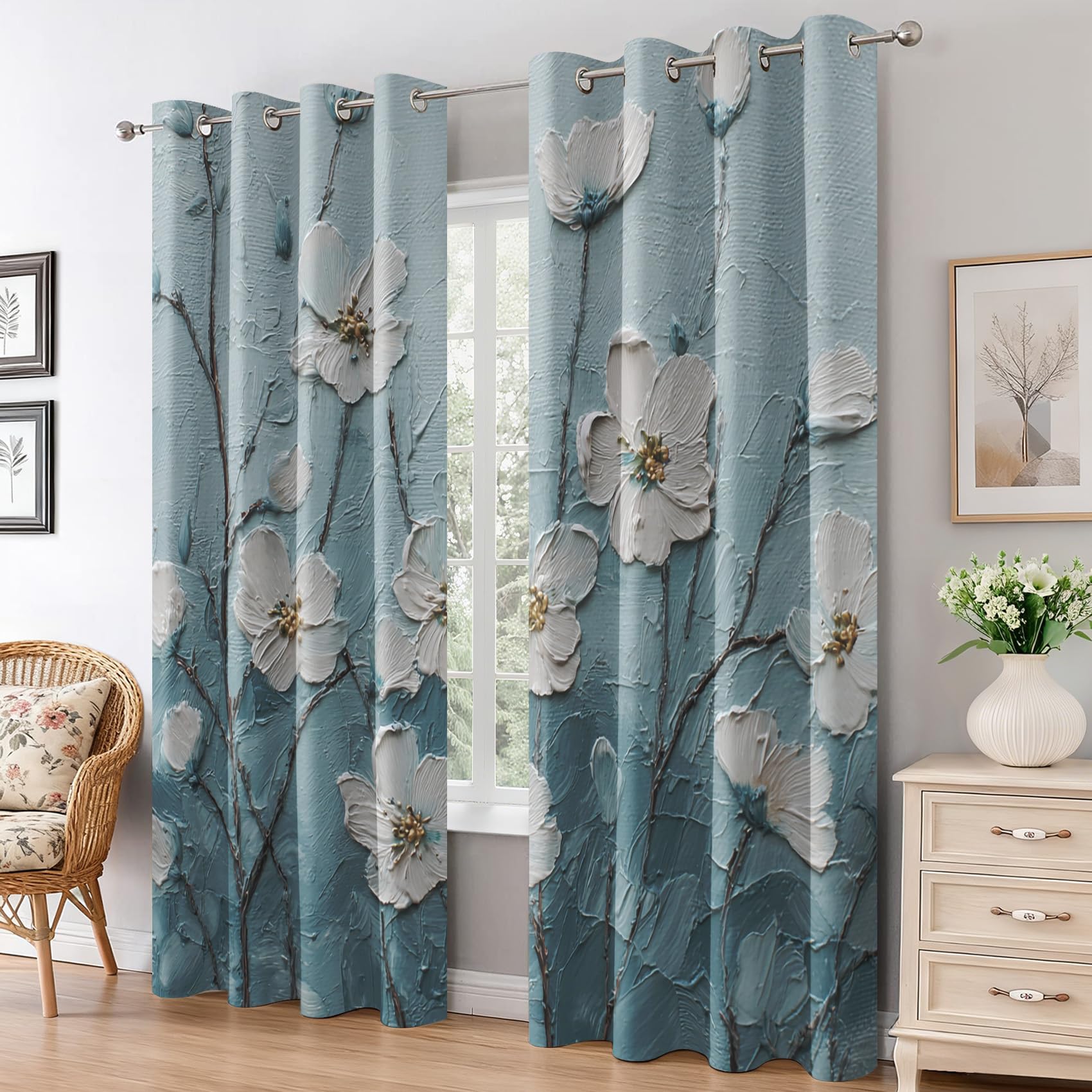 White Floral Curtains for Living Room, Oil Painting Flower Blackout Curtains Bedroom, 52 x 84 Inch 2 Panels, 84 Drop Eyelet Thermal Window Drapes, Home Decor E-D17