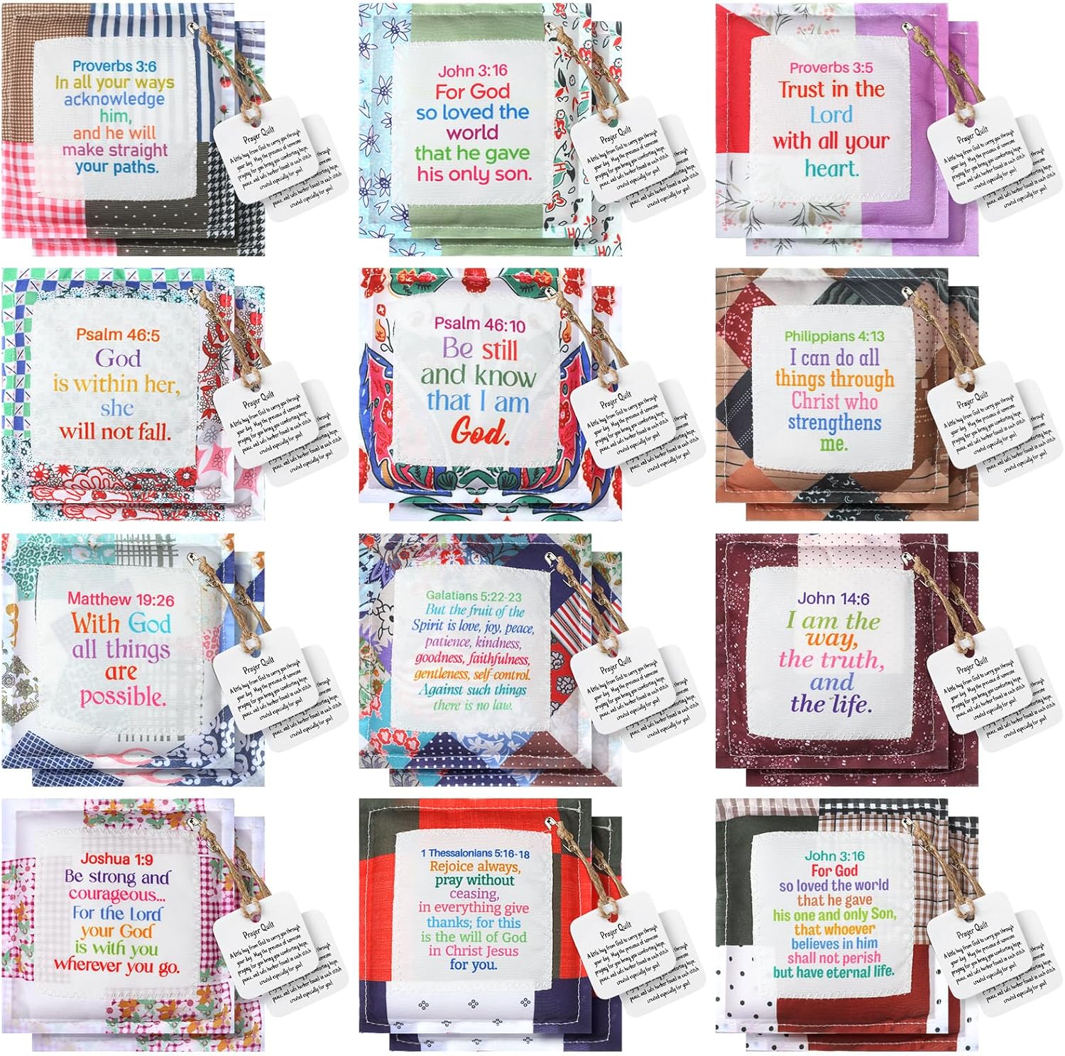 FuWeave 24 Pack Pocket Prayer Quilt Mother Christian Gifts Inspirational Prayer Quilt with Cross Inside Sympathy Healing Cloth Square Panel for Cancer Patient Women Church Scripture Favors (Vibrant)