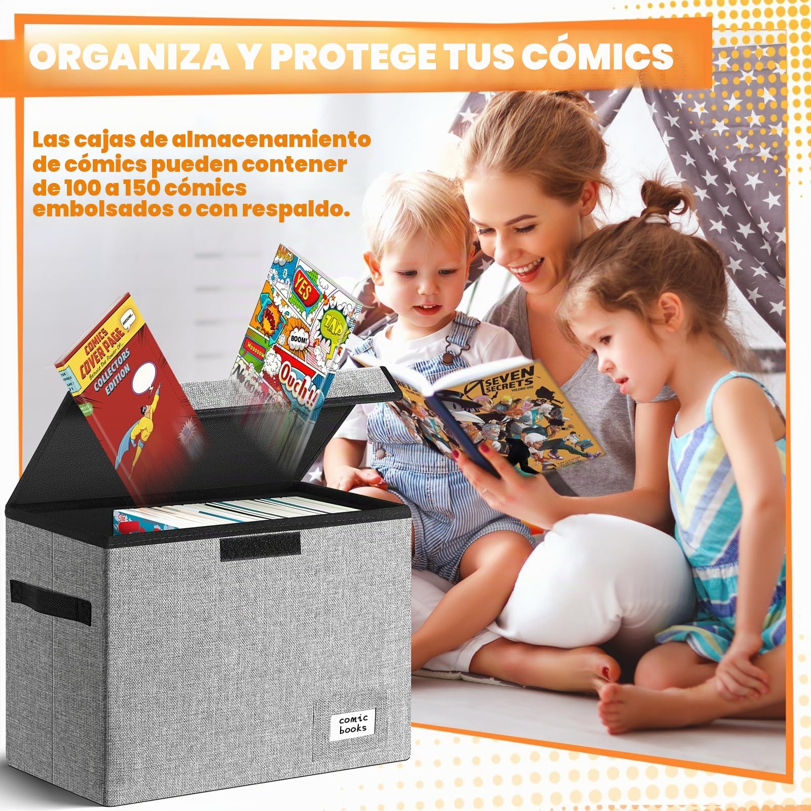 Leffis Almacenamiento de cómics, caja de cómics de 15.5 x 7.5 x 11.3 pulgadas, caja corta plegable con tapas para 150 cómics, contenedor resistente para libros de cómics