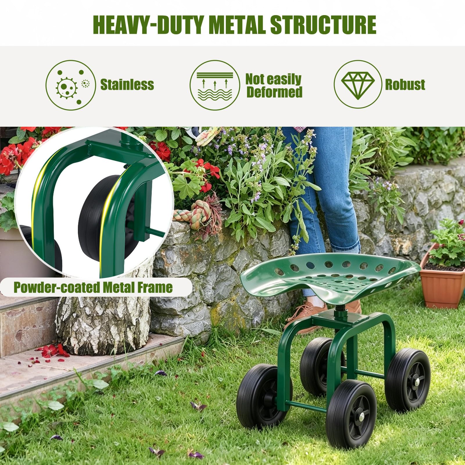 SOARS Siège Roulant de Jardin Pivotant à 360° et Réglable en Hauteur de 40 à 50 CM, Tabouret de Jardinage avec Large Assise, Charge Maximale 150 KG, pour Jardinage et Entretien (Vert)