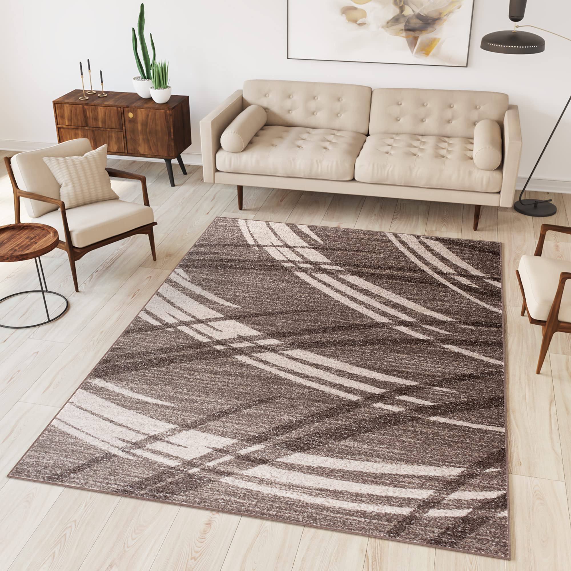 Tapiso Sari dywan z krótkim włosiem, nowoczesny, melanż, brązowy, beżowy, paski, fale, do salonu, sypialni, Ökotex 160 x 220 cm