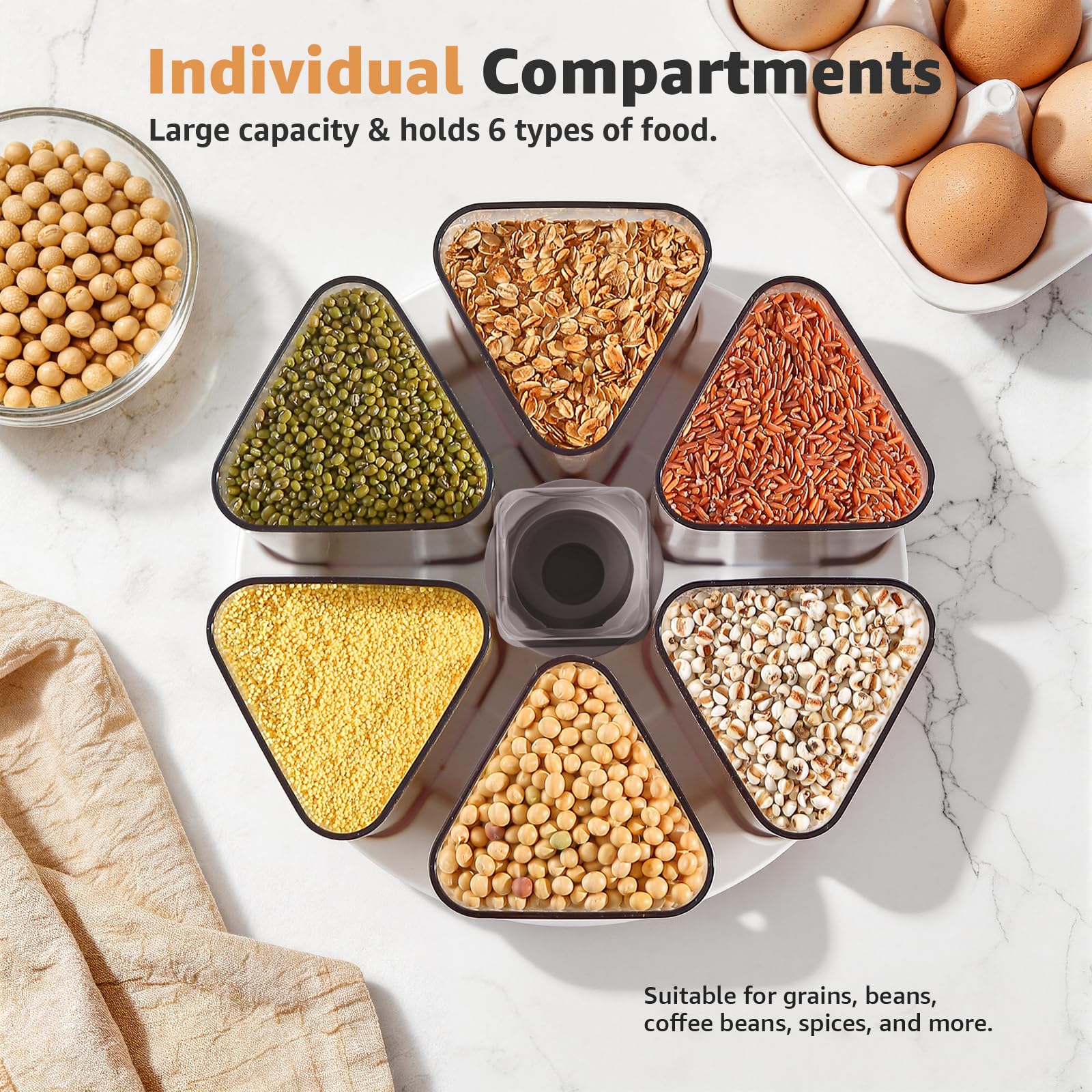 Dispenser per cereali e dispensa, 800 ml, set di contenitori per cereali, pasta, snack, piano di lavoro della cucina, design rotante a 6 griglie per un facile accesso