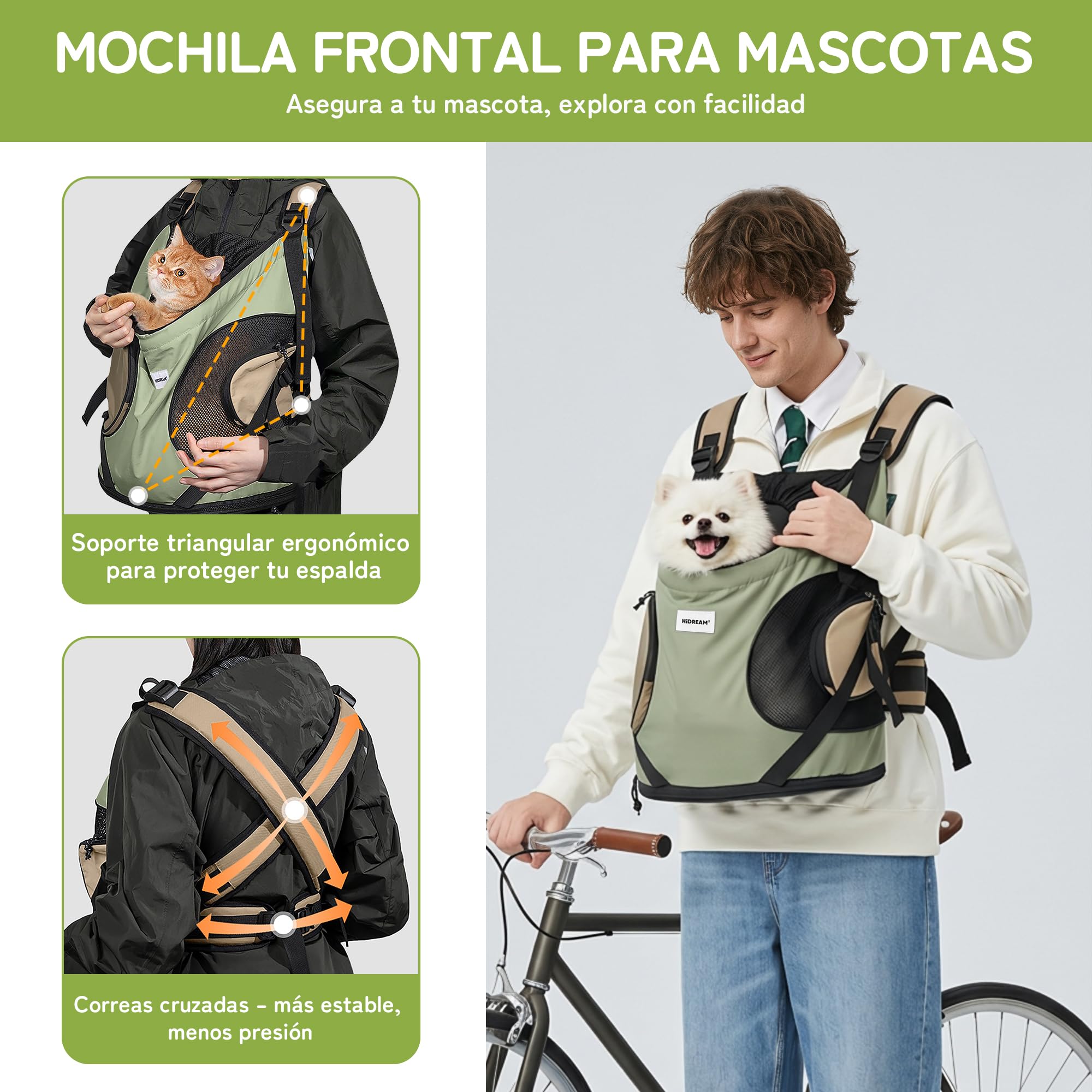 ALLSOPETS Mochila Gato Perro, Mochila Transportadora Frontal Portátil para Mascotas, Correa de Seguridad Incorporada, Diseño Ergonomico, Ideal para Viajes en Moto (Verde Oliva)
