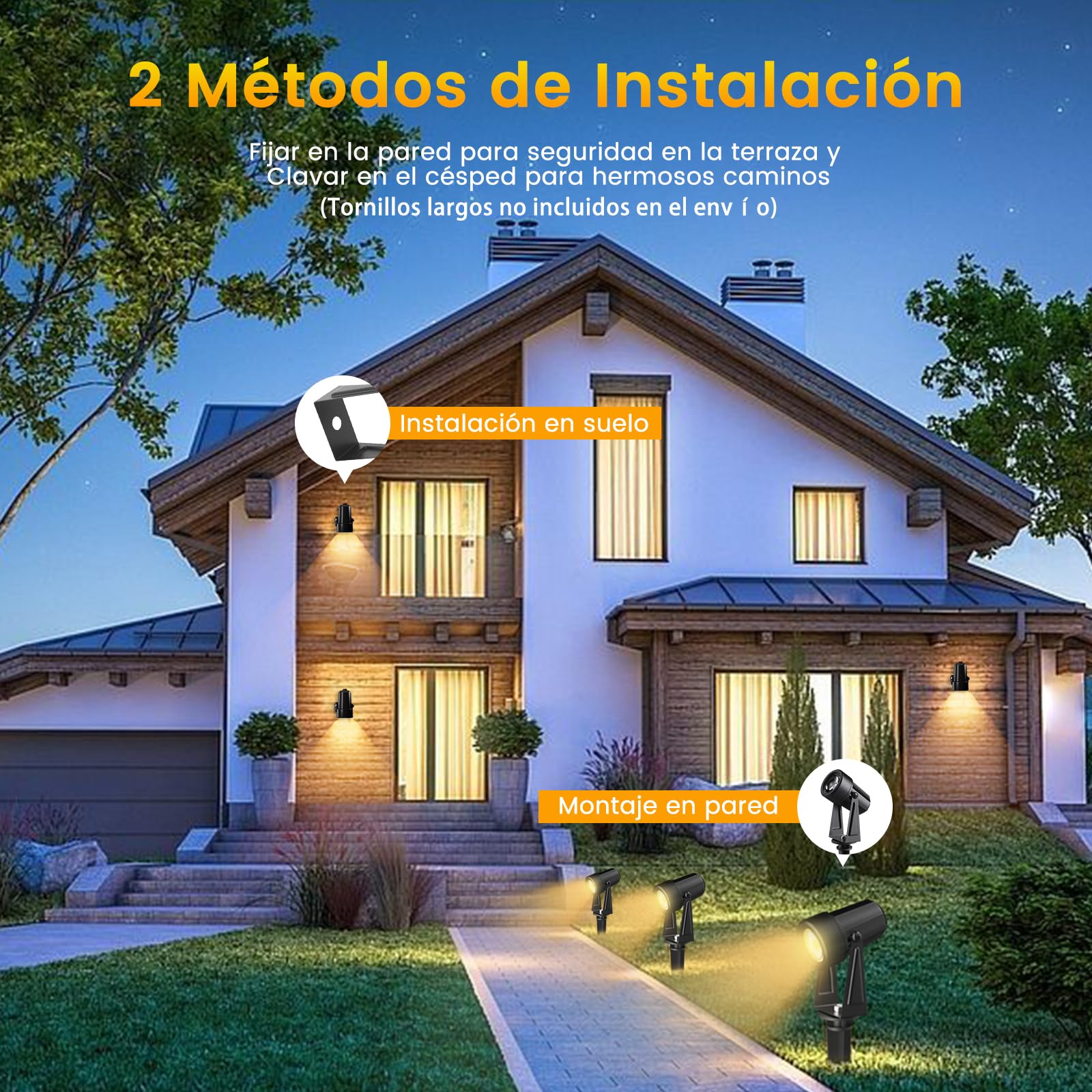 Focos Led Exterior, 85FT/26M 8 * 3W LED Focos de Jardín con Estaca, Blanco Cálido 3000K 14V IP65 Impermeable, al Aire Libre Iluminación de Caminos para Césped, Patios