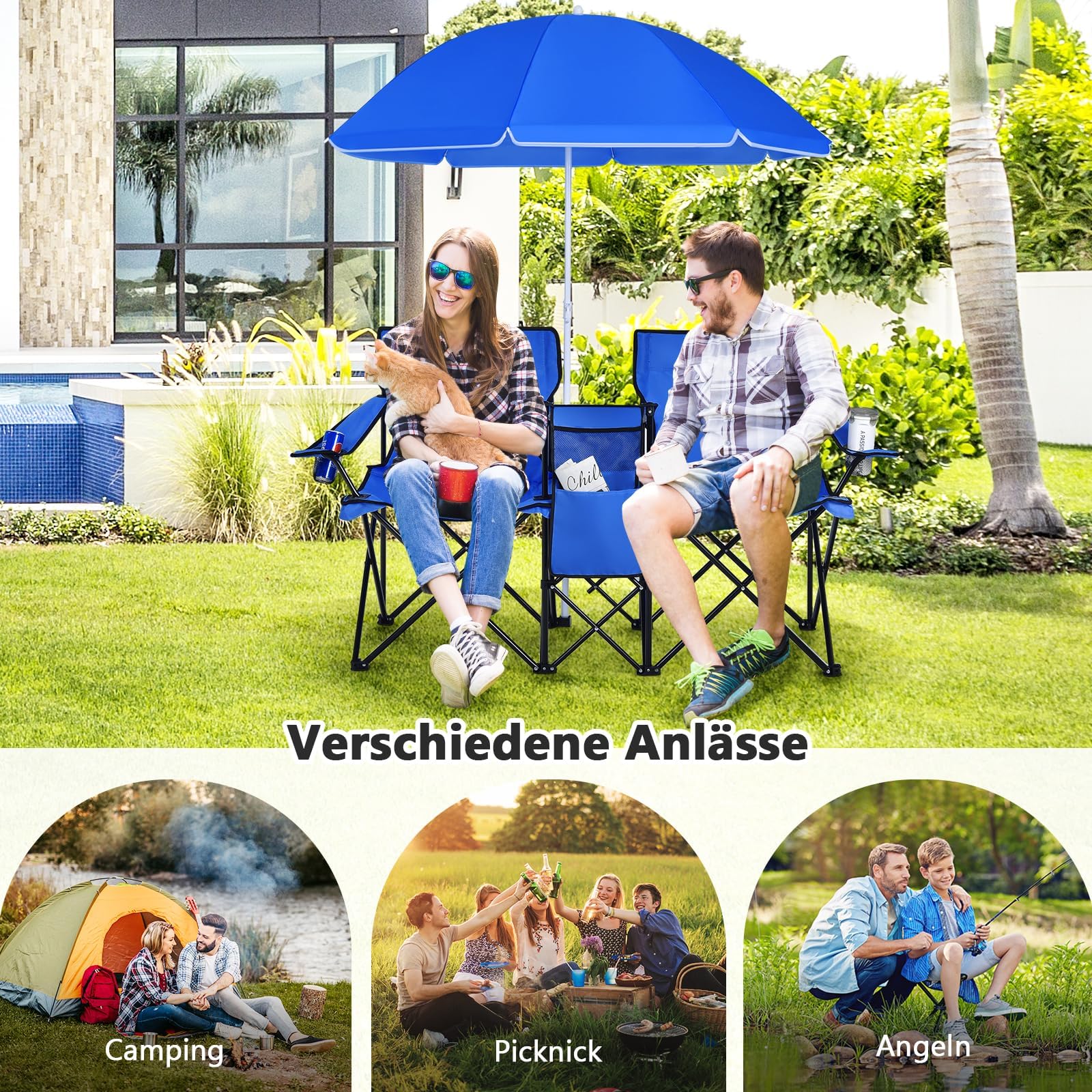 FANTASK Chaise de pêche Pliable avec Un Parasol Amovible, 2 Places, Chaise de Camping avec Sac de Transport, Chaise Pliante