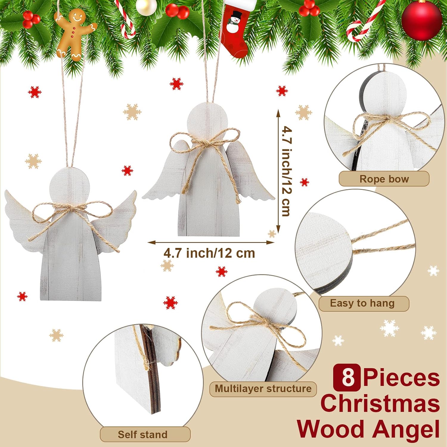 Yookeer Angel Ornaments Christmas Decorations Indoor Rustic Wood Angel Christmas Tree Decoration Farmhouse Whitewash Figurine for Home Office Tree Fireplace Garland(8 Pieces) - Image 4