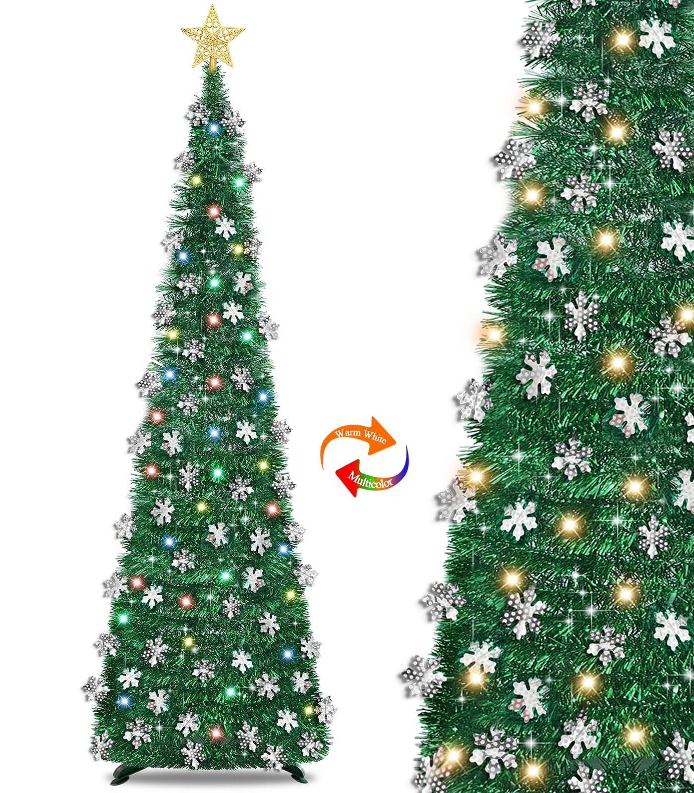 Sapin de Noël pliable de 1,8 m avec lumières blanc chaud et multicolore, 8 modes, minuteur, fonctionne avec piles, flocon de neige, décoration de Noël pour maison, coin intérieur et extérieur