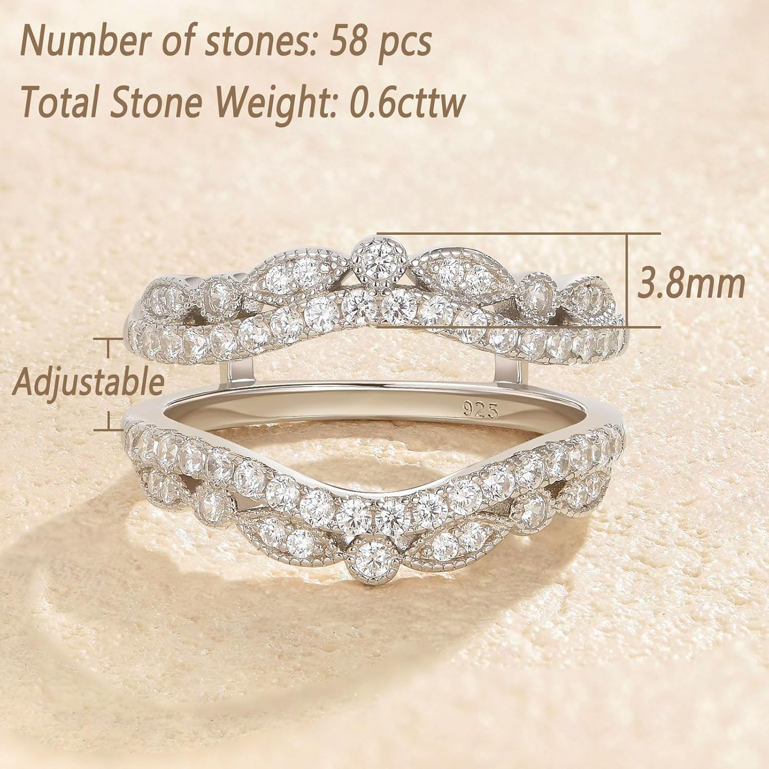 Wuziwen Vintage Wedding Bands for Women Curved Ring Enhancer for Engagement Rings Guard Wrap Stackable 925 Sterling Silver Cubic Zirconia - Image 5