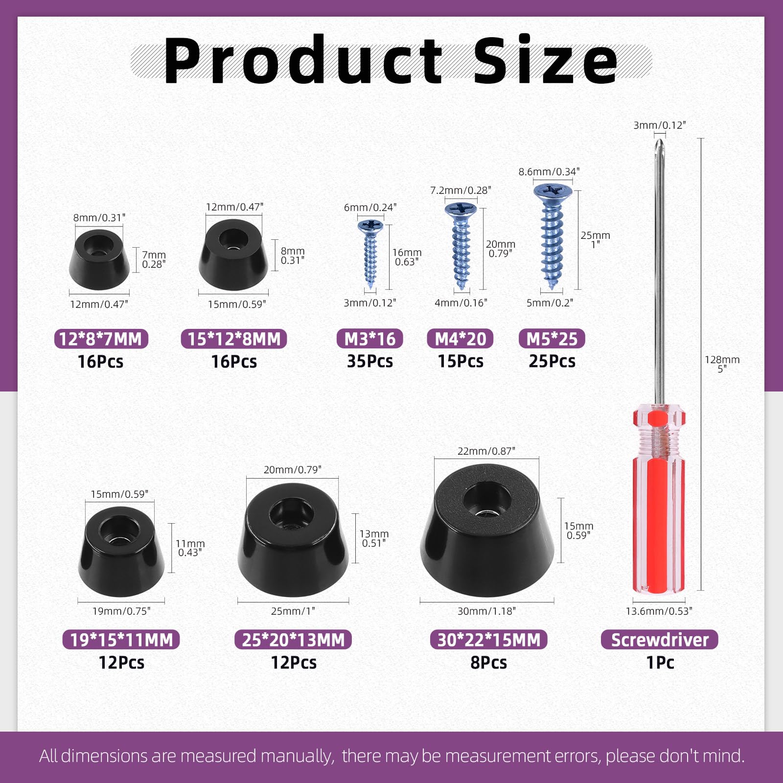 Swpeet 140Pcs Five Sizes 0.47''×0.28'' 0.59''×0.31'' 0.75''×0.43'' 1''×0.51'' 1.18''×0.59'' (W×H) Black Round Rubber Pads Assortment Kit with M3 M4 M5 Screws and Screwdriver Rubber Pads for Furniture - Image 2