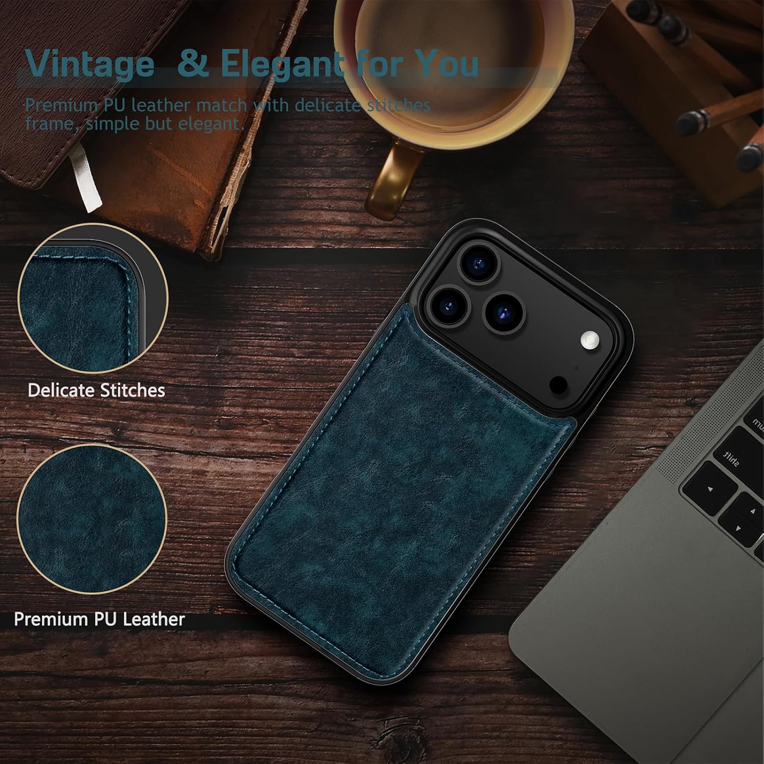LOHASIC for iPhone 17 Pro Case Compatible with MagSafe, Vintage Leather Slim Business PU Non-Slip Grip Shockproof Bumper Protective Men Phone Cover for iPhone 17 Pro 6.3" 2025 - Blue - Image 4