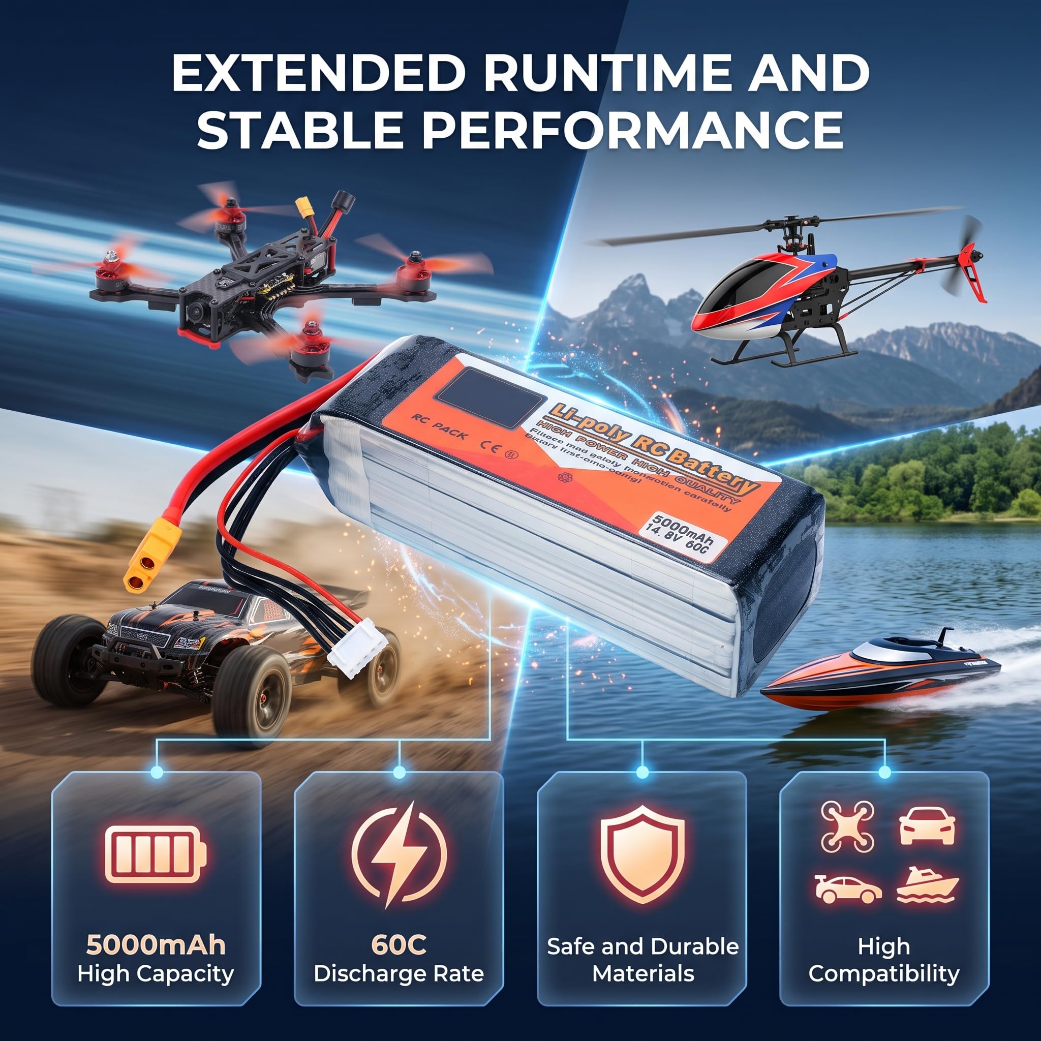 Batteria Lipo 4S 14.8V 60C 5000mAh | XT60, Alta Scarica, per Drone Elicottero Auto Barca RC, Dimensioni 135x42x40mm, Peso 522g
