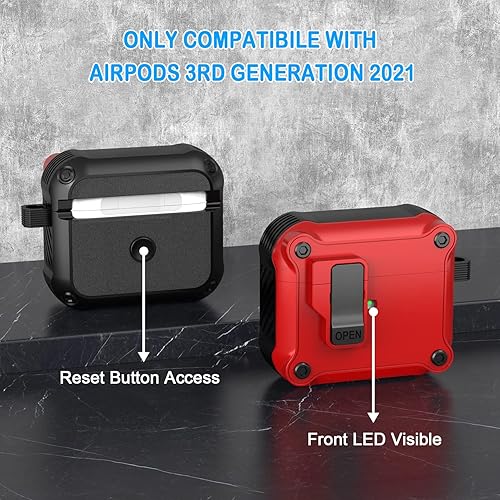 Miniatura 5 de R-fun Funda para Airpods de 3 generación con clip de bloqueo seguro automático, carcasa rígida protectora de cuerpo completo para Airpods 3 para
