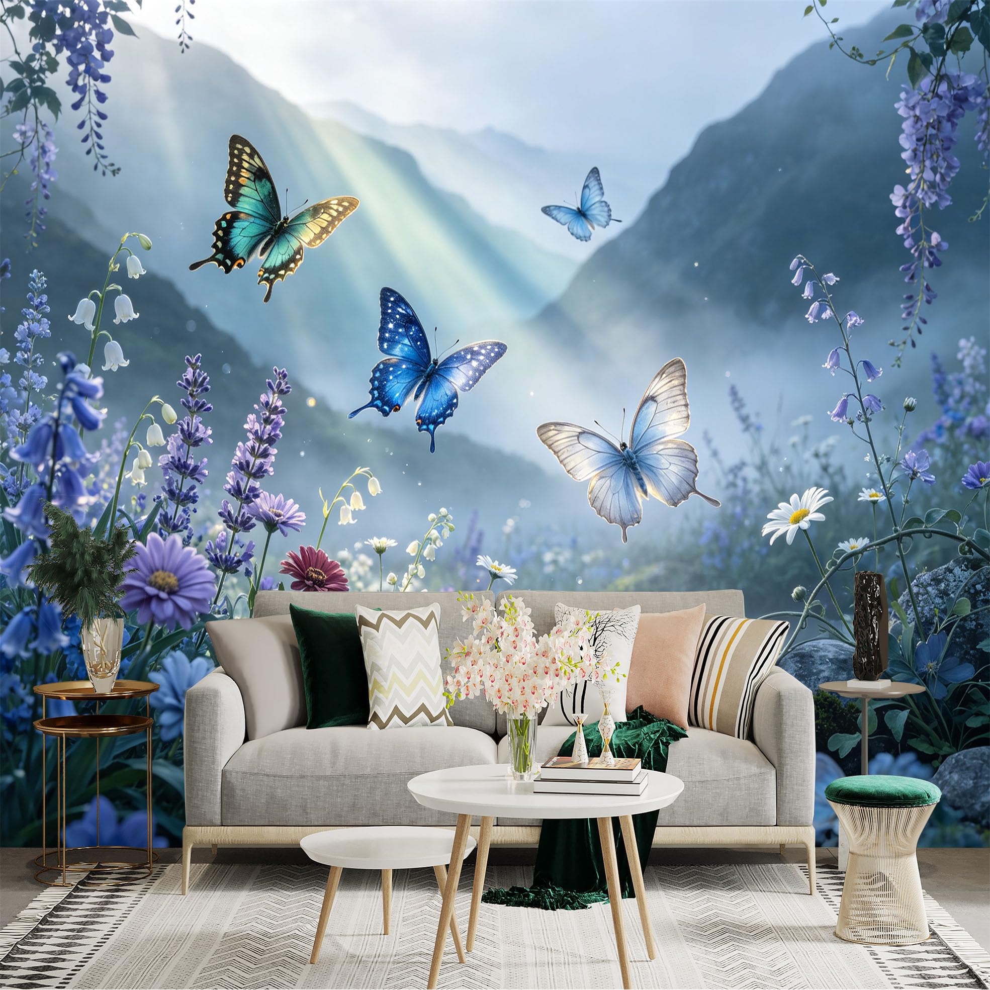 Lnzczhyre Bh260719558 Custom Size Wall Sticker Mural， Flying Butterflies， Blooming Wildflowers， Misty Mountain Landscape， Serene Nature Scene， For Wall Decoration， Peelandstick Wall Decals.