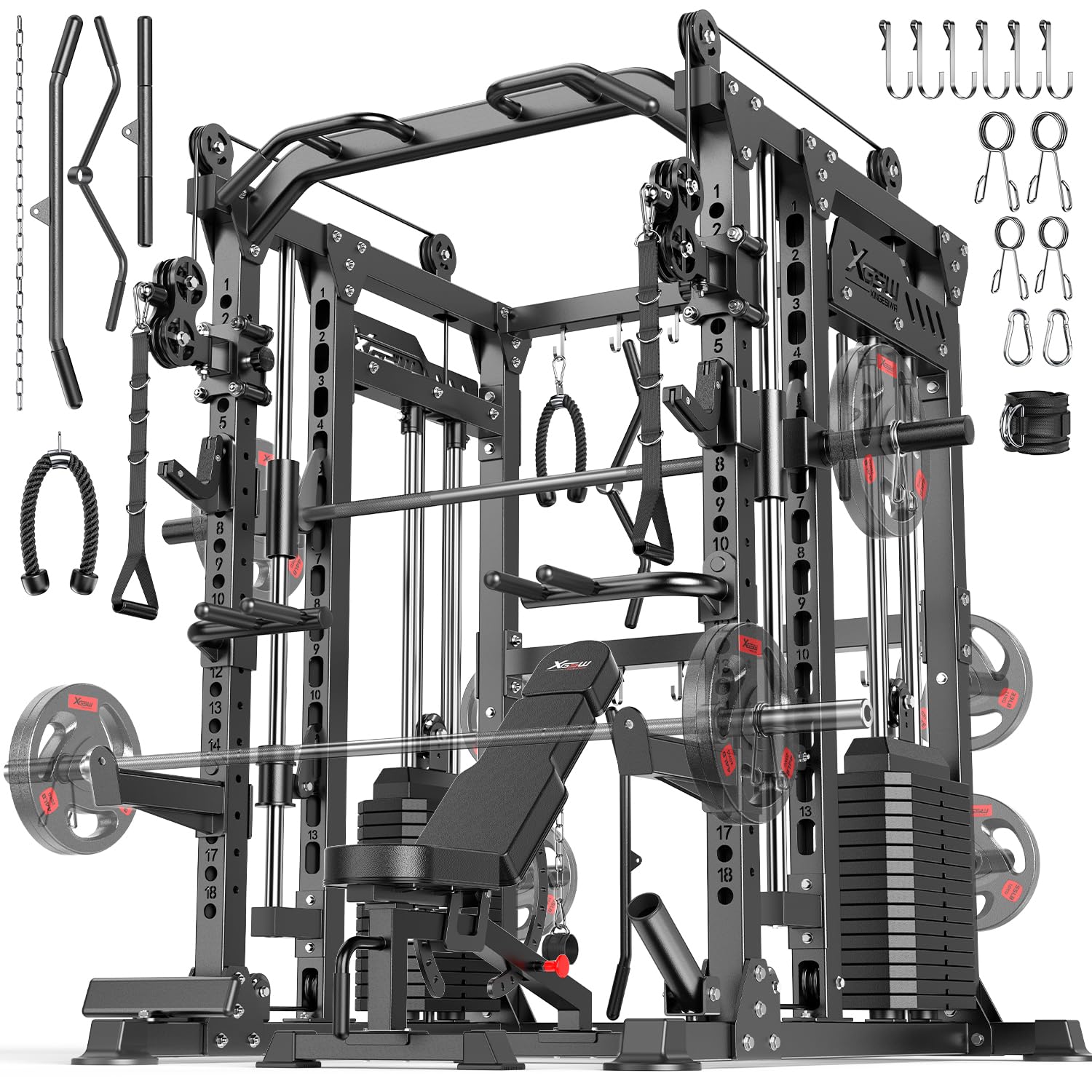 XGSW Smith Machine with Weight Stack, Multi-Function Squat Rack Power Cage with Cable Crossover System, for Home Gym