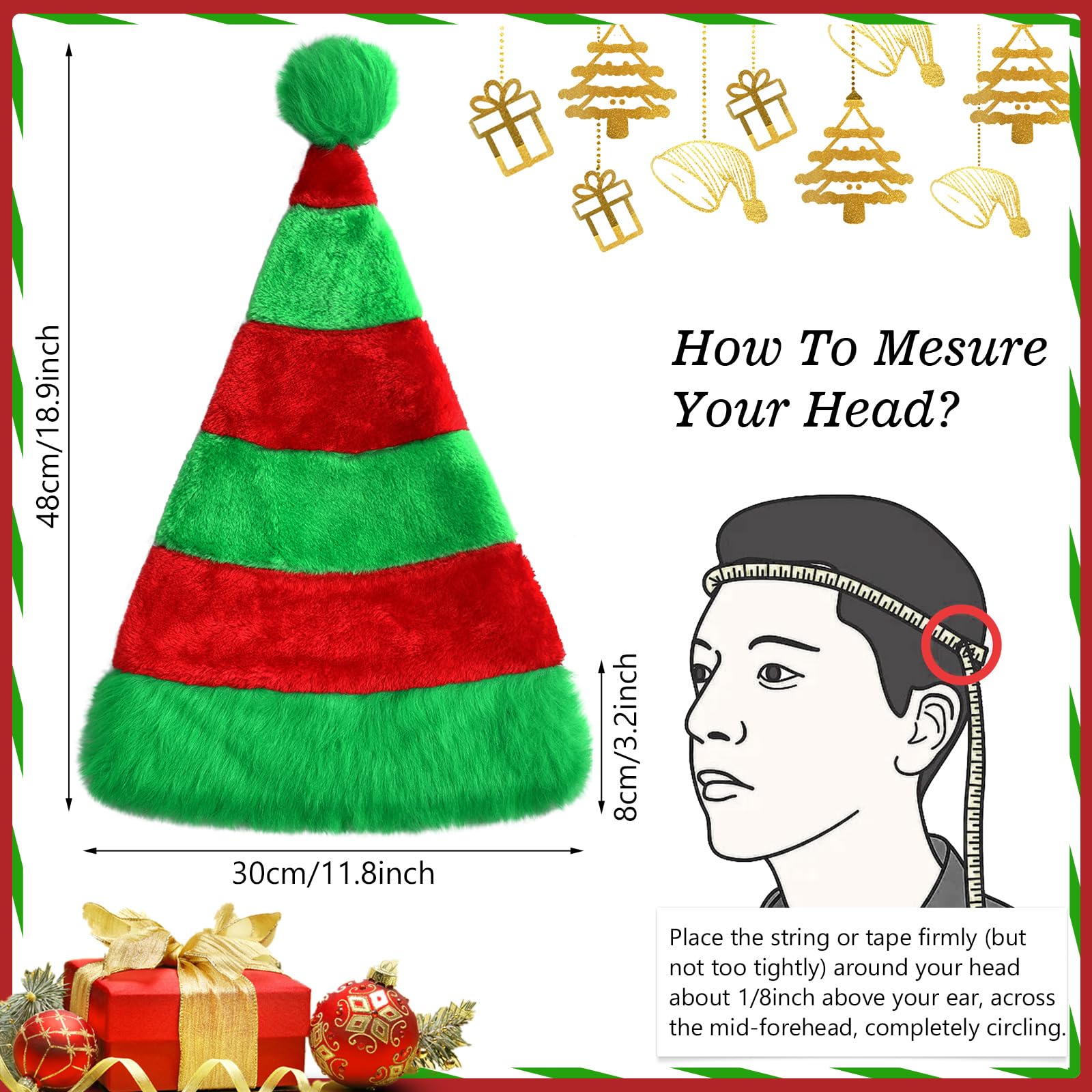 Kenning Sombrero de Papá Noel, 4 piezas, sombrero de Navidad a rayas verdes y rojas, sombrero de Papá Noel de felpa de Papá Noel, sombrero de elfo de Navidad esponjoso para mujeres y hombres