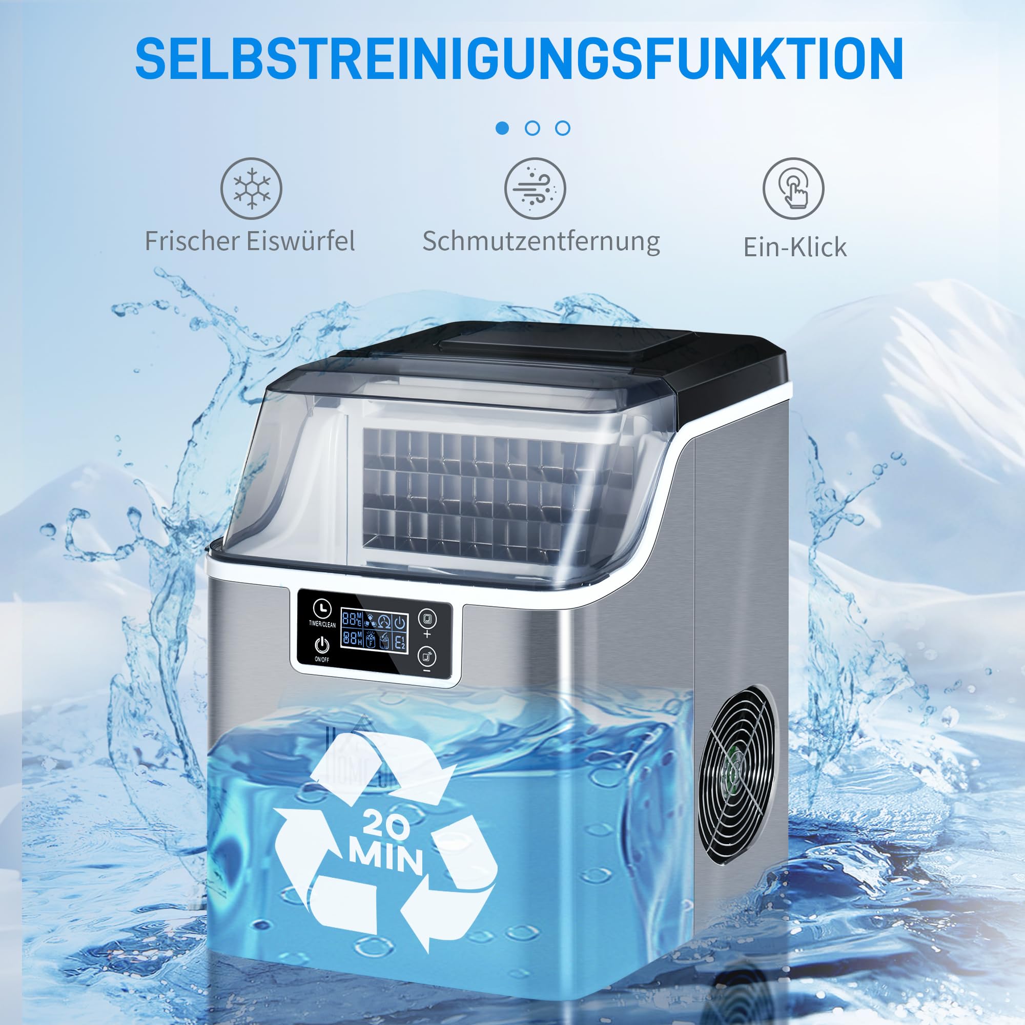 HOMCOM Machine à glaçons, Ice Maker en acier inoxydable 24 glaçons en 14-18 min., 20kg/24h, réservoir d'eau de 3,2L, préparateur de glaçons autonettoyant avec 2 types de remplissage d'eau, pour
