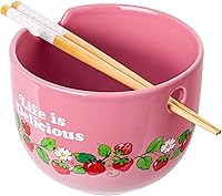 Vista 3 de Silver Buffalo Strawberry Shortcake - Tazón de cerámica vintage para ramen con palillos, apto para microondas, 20 onzas