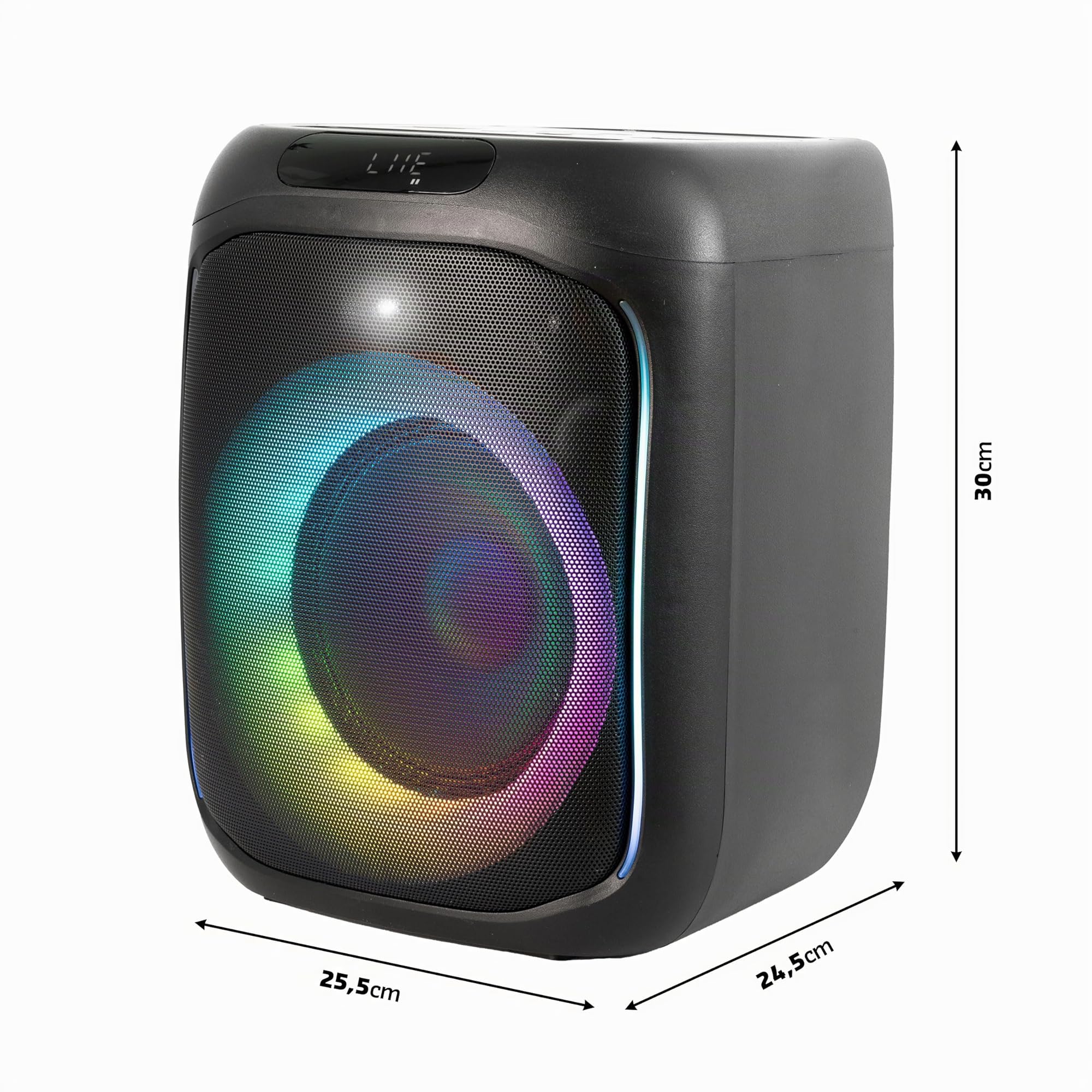 Ibiza - CUBE180 - Altavoz a pilas de 6,5"/16cm 180W con micrófono con cable y efecto de luz - Bluetooth, USB, MicroSD, TWS - Negro