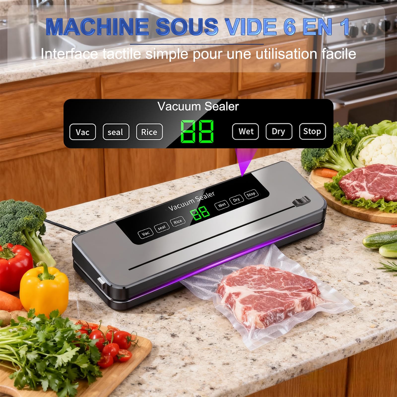 Macchina sottovuoto per alimenti con 60 sacchetti sottovuoto, sottovuoto multifunzione 5 in 1, con modalità bagnata e asciutta per conservare frutta, verdura, pane, carne, ecc.
