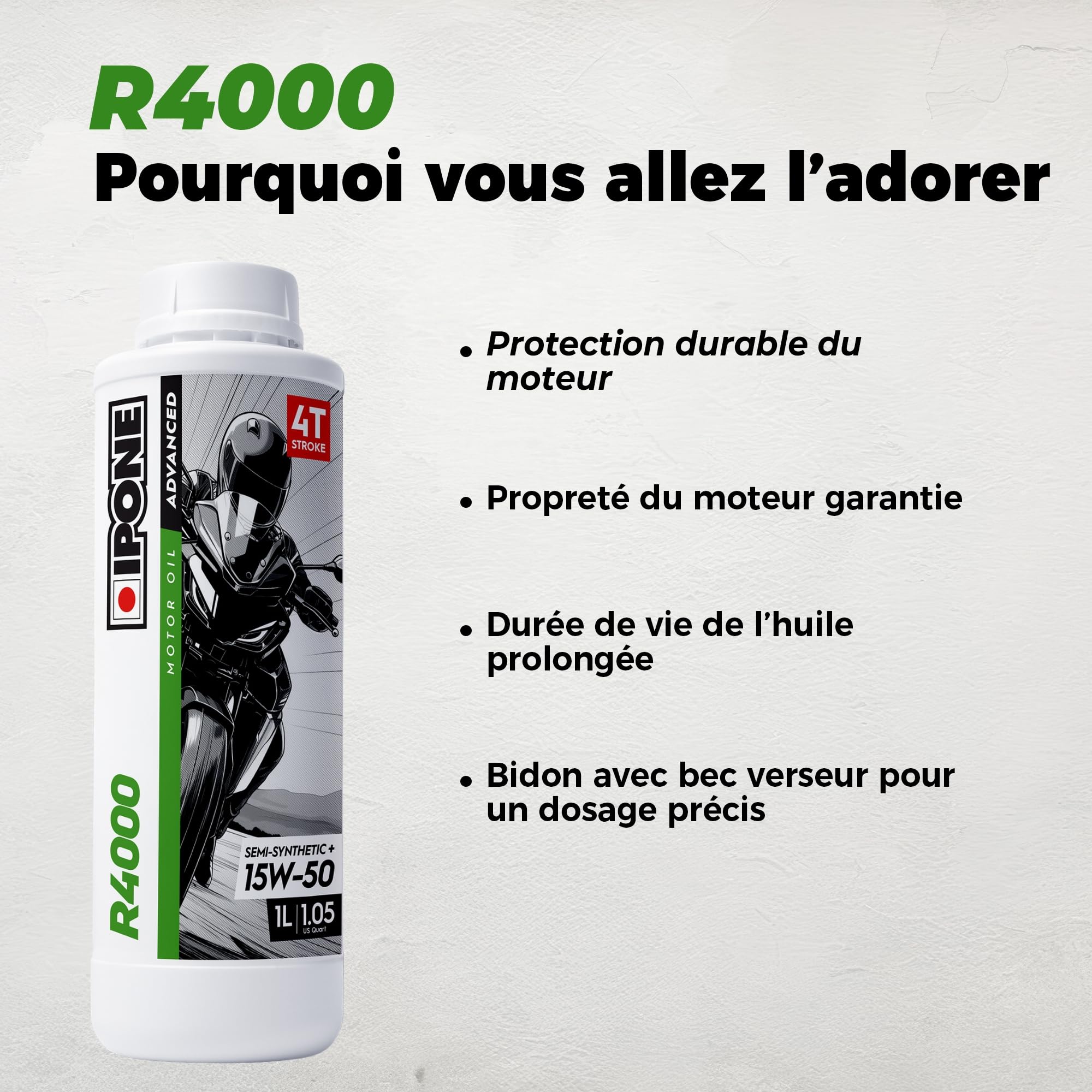 IPONE – Huile Moteur Moto 4 Temps 15W50 R4000 – Bidon 4 Litres - Semi-Synthétique+ - Gamme Advanced - Protection durable du moteur - Durée de vie de l'huile prolongée - Propreté du moteur garantie