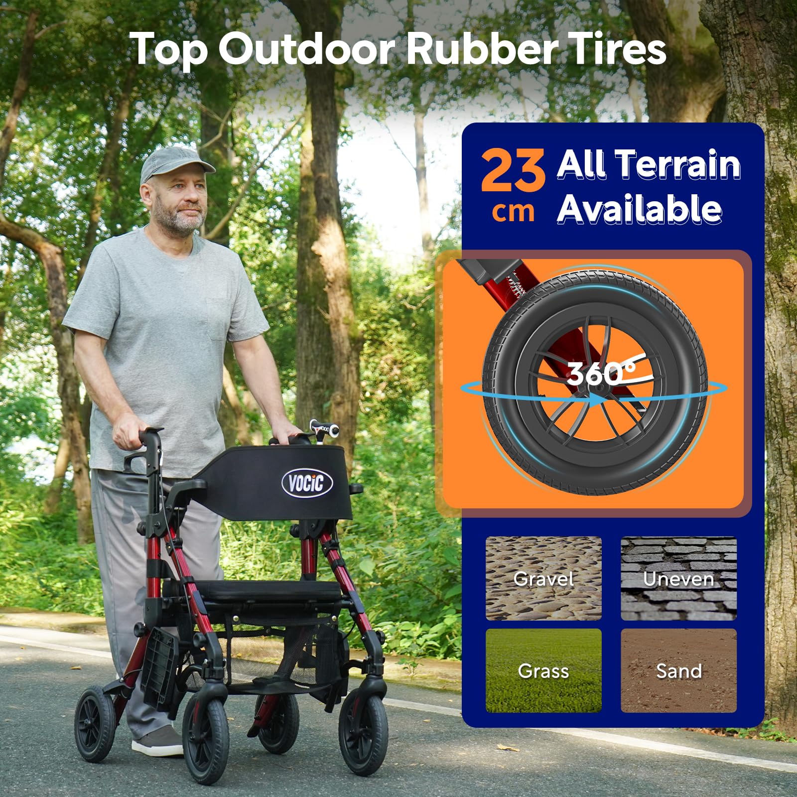 VOCIC 2 in 1 Rollstuhl Rollator Faltbar Leicht mit Sitz,Outdoor Gummireifen | Z51 Allen Gelände,Leichtgewicht Rollatoren mit Netztasche,Aluminium Gehhilfer Transport-Stuhl,Rot (5 Jahre Support)