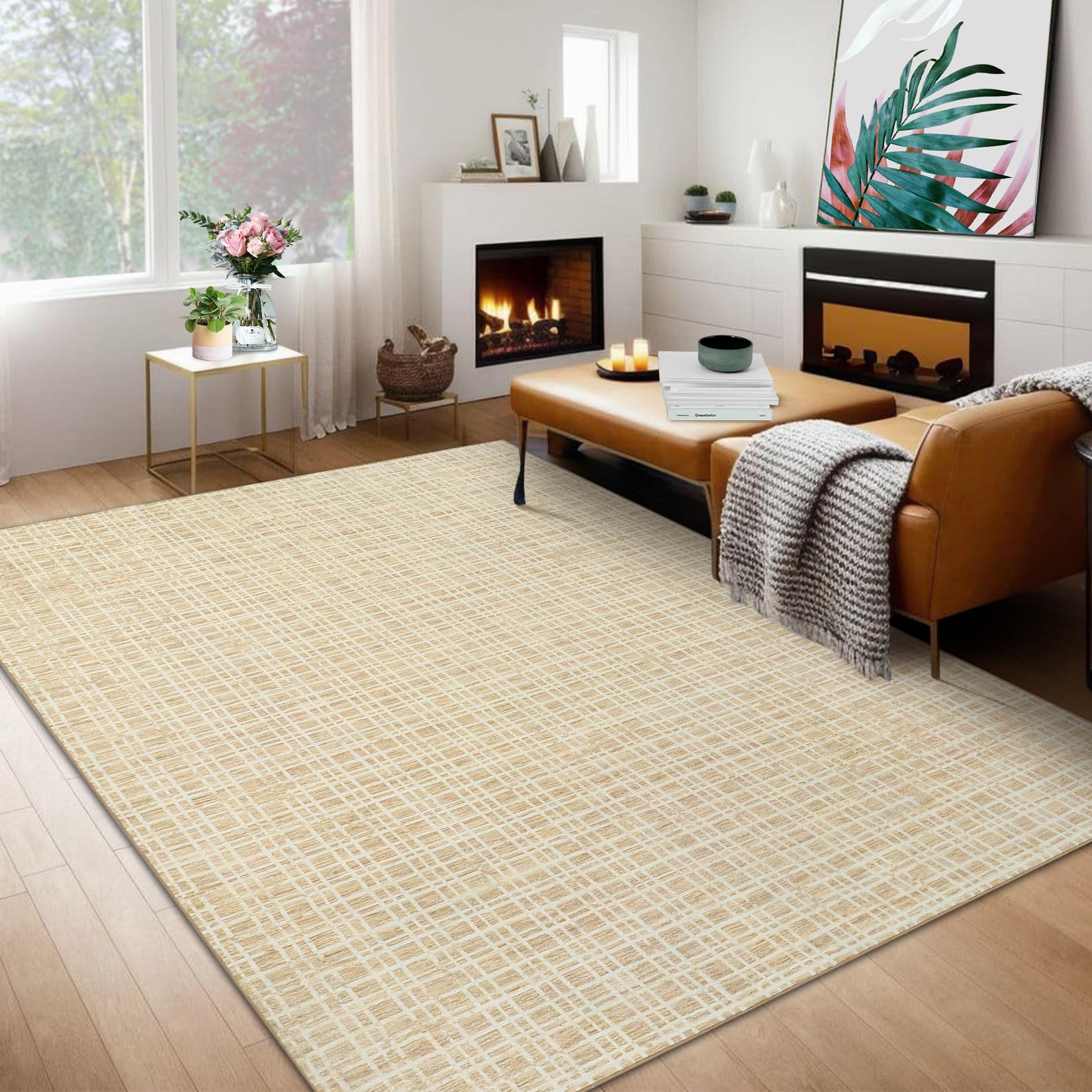 GarveeHome Modern Plaid Area Rug 4x6 Washable Indoor Contemporary Non Slip Soft Comfy Non-Shedding Floor Carpet Low Pile Foldable Thin for Living Room