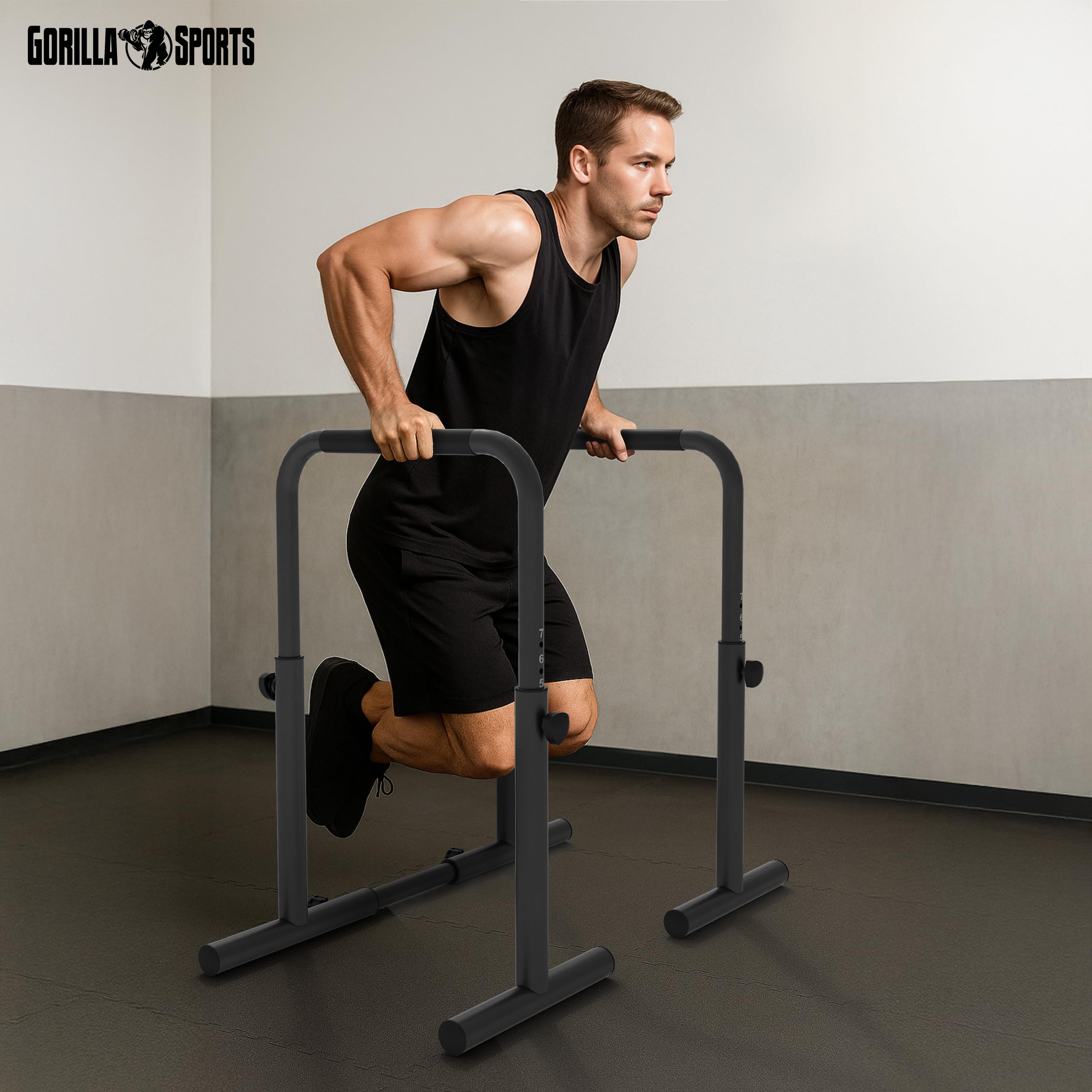 GORILLA SPORTS® Dips Barres Parallèles - Réglable, 80-100 cm, Acier, Antidérapant, Charge Max 500 kg, Noir - Station Dips, Traction Musculation, Barre Tirage, Materiel Sport Maison
