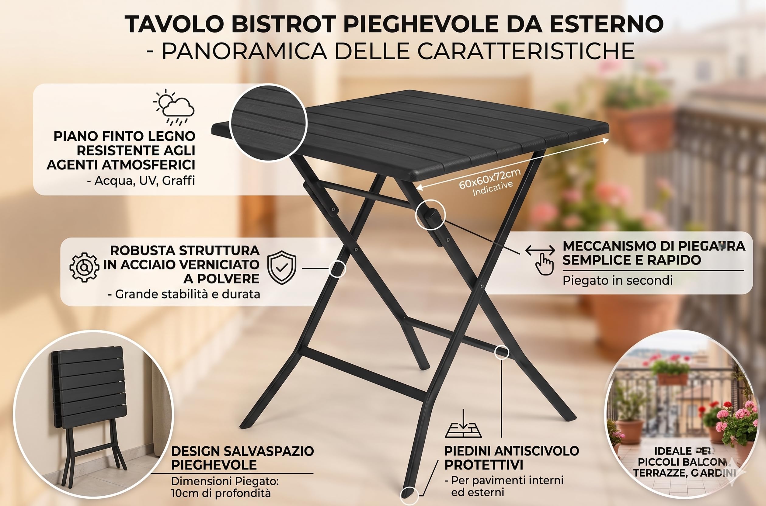 BERARDI B.INTERIORS Tavolino Pieghevole Bistrot, Antracite, Alluminio e HDPE, 61x61x74 cm, per Balcone e Terrazza