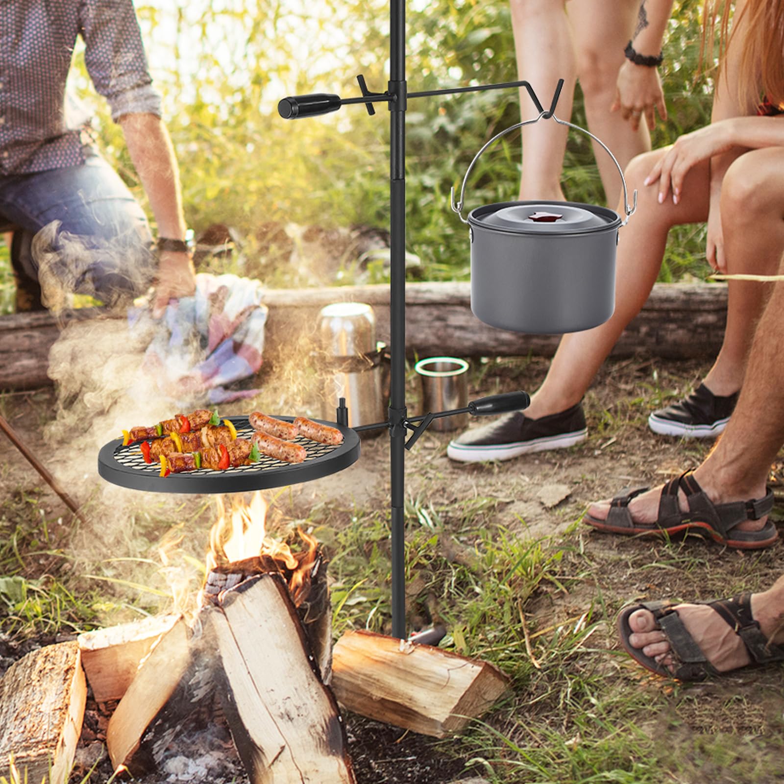 Aptliton 13.4*13.4 Campfire Grill Grate 13.4X13.4 Inch, Heavy Duty Steel Grate With Bakelite Handle & Hanger Rod, Portable Over Fire Camp Grill With Carry Bag, Campfire Cooking Equipment For Outdoor Open Flame Cooking