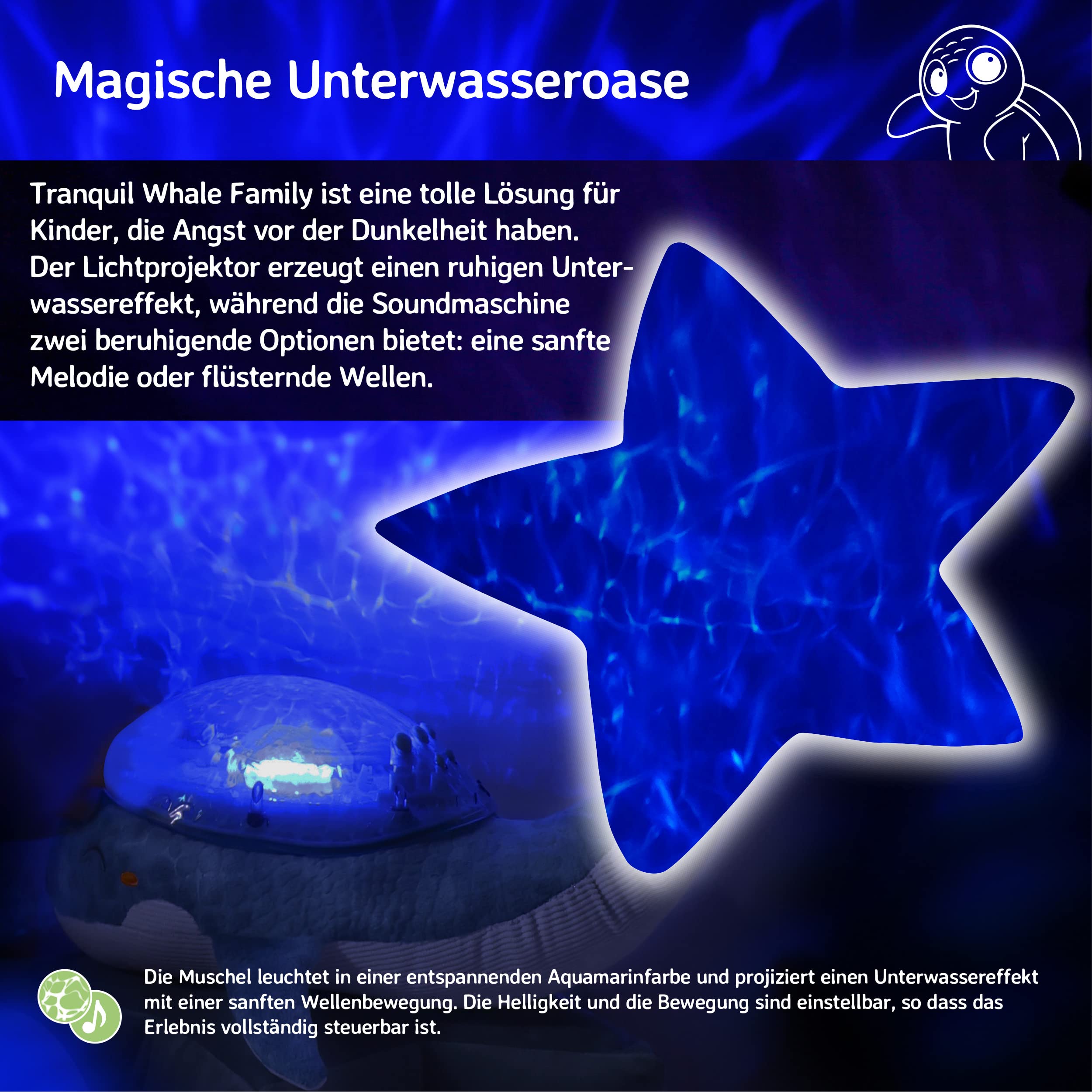 Cloud b Nachtlicht Ozean Projektor mit Beruhigenden Klängen, Einstellbarer Helligkeit & Bewegung, 23 Min Auto-Off, Babywal Spieluhr, Tranquil Whale Blau
