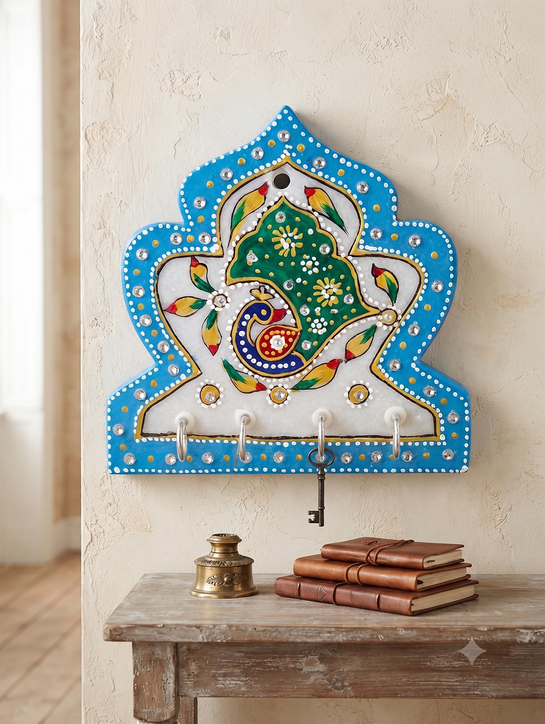 Handcrafted Marble Key Holder Wall Mounted – Hand-Painted Peacock 4 Hooks | Marble Key Holder-image-18