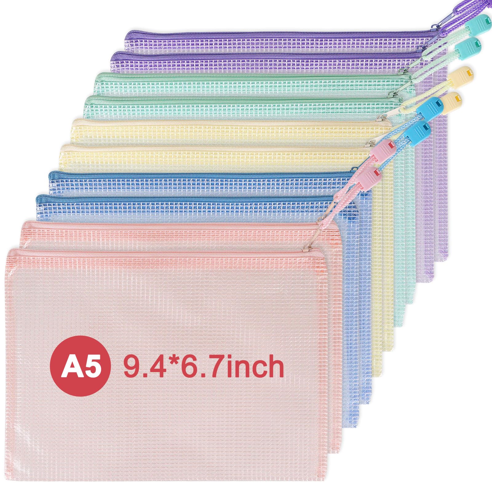 etspolt A5 Clear Zipper Pouch Bags, 10 Pack, 5 Assorted Colors