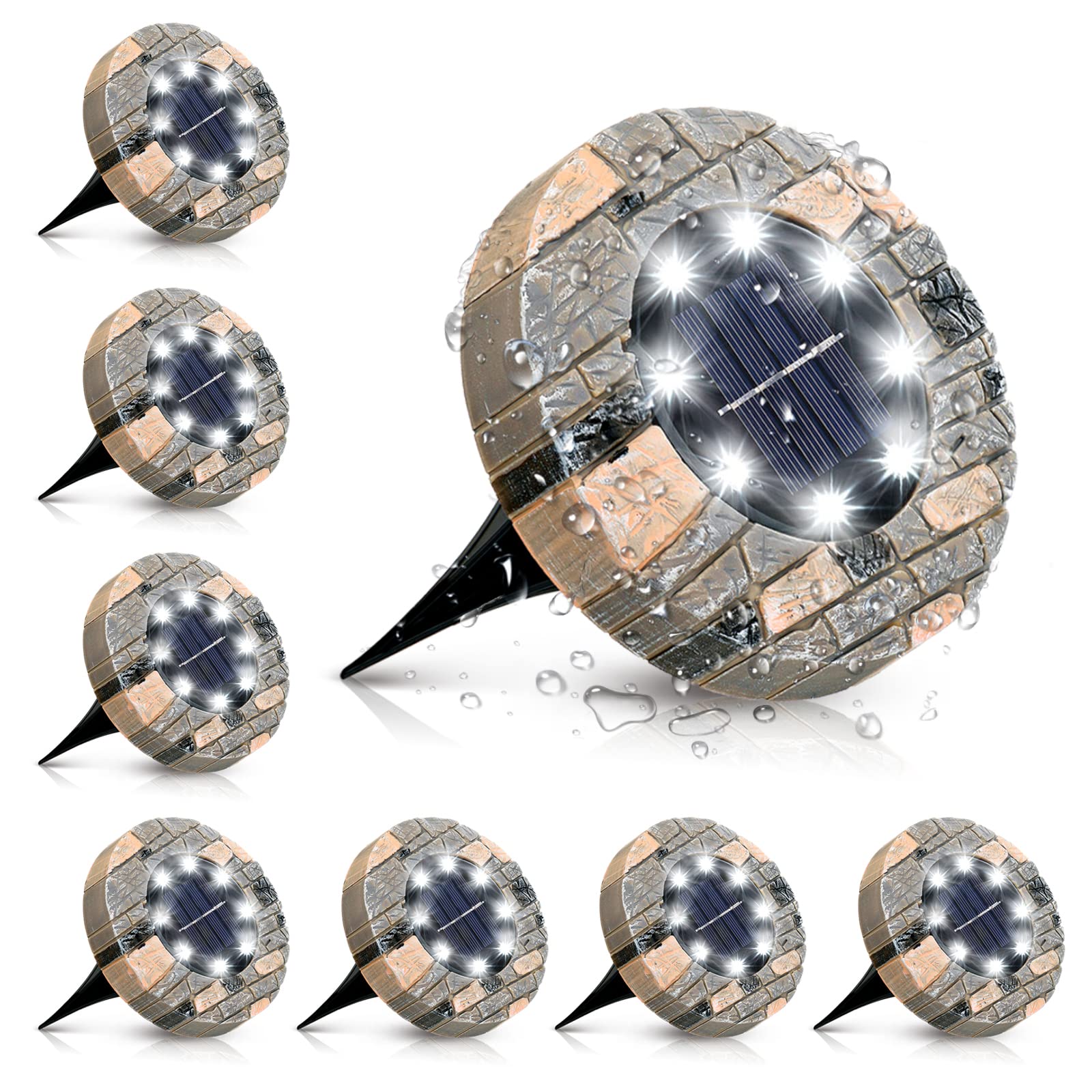 Solar Ground Lights, 8 Pack 8 LEDs Solar Powered Floor Lights for Outdoor Garden 6000K Cool White, IP65 Waterproof Solar Garden Disk Lights for Garden Decorations Lawn Patio Pathway