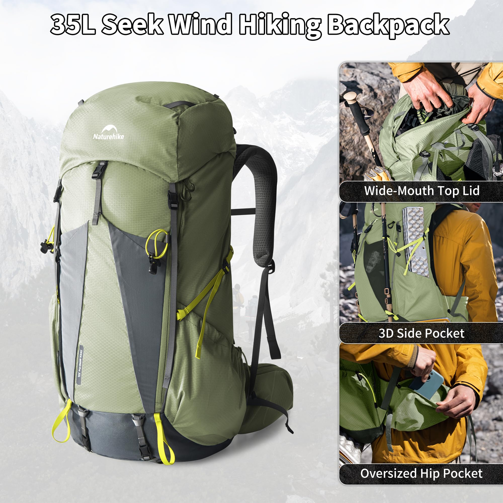 Naturehike Seek Wind Mochila de 35 L/65 L, mochila de trekking para hombre y mujer, mochila de senderismo, mochila de viaje impermeable, mochila con funda para lluvia para camping, ciclismo
