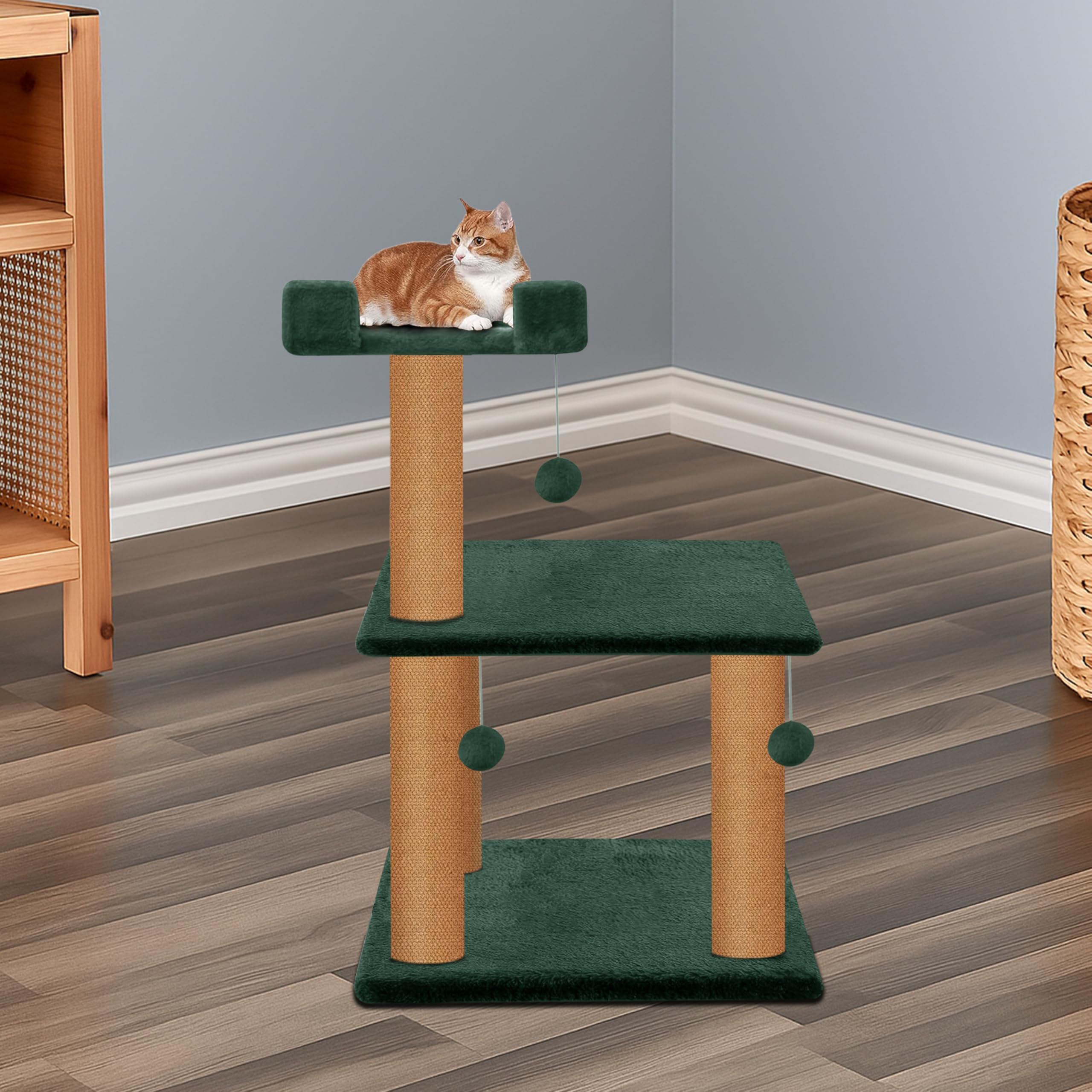 Rosebell Multi-Level Cat Tree Tower with Scratching Posts & Plush Perch – Compact Activity Center with Hanging Balls for Indoor Cats (Height 29 Inch) - Green Color 1