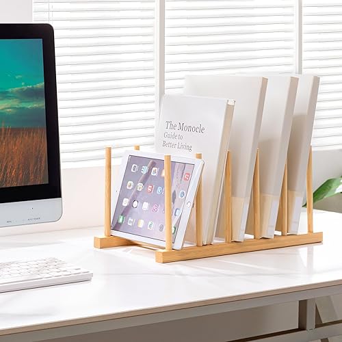 Miniatura 4 de HBlife Organizador de archivos de escritorio, clasificador de archivos vertical de 5 secciones, 1 paquete de soporte de archivo de bambú para el
