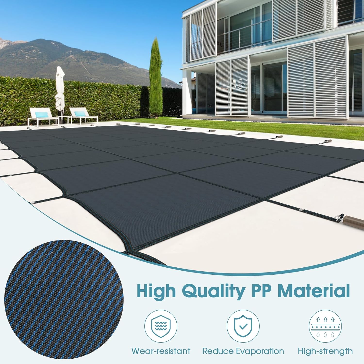 Goplus Safety Pool Cover, Fits 40FTx20FT Inground Swimming Pools, Rectangle Winter Leaf Pool Cover w/Mesh, Installation Tools for Backyard Yard (Size 42 x 22 ft, Fits 40 x 20 ft, Blue)