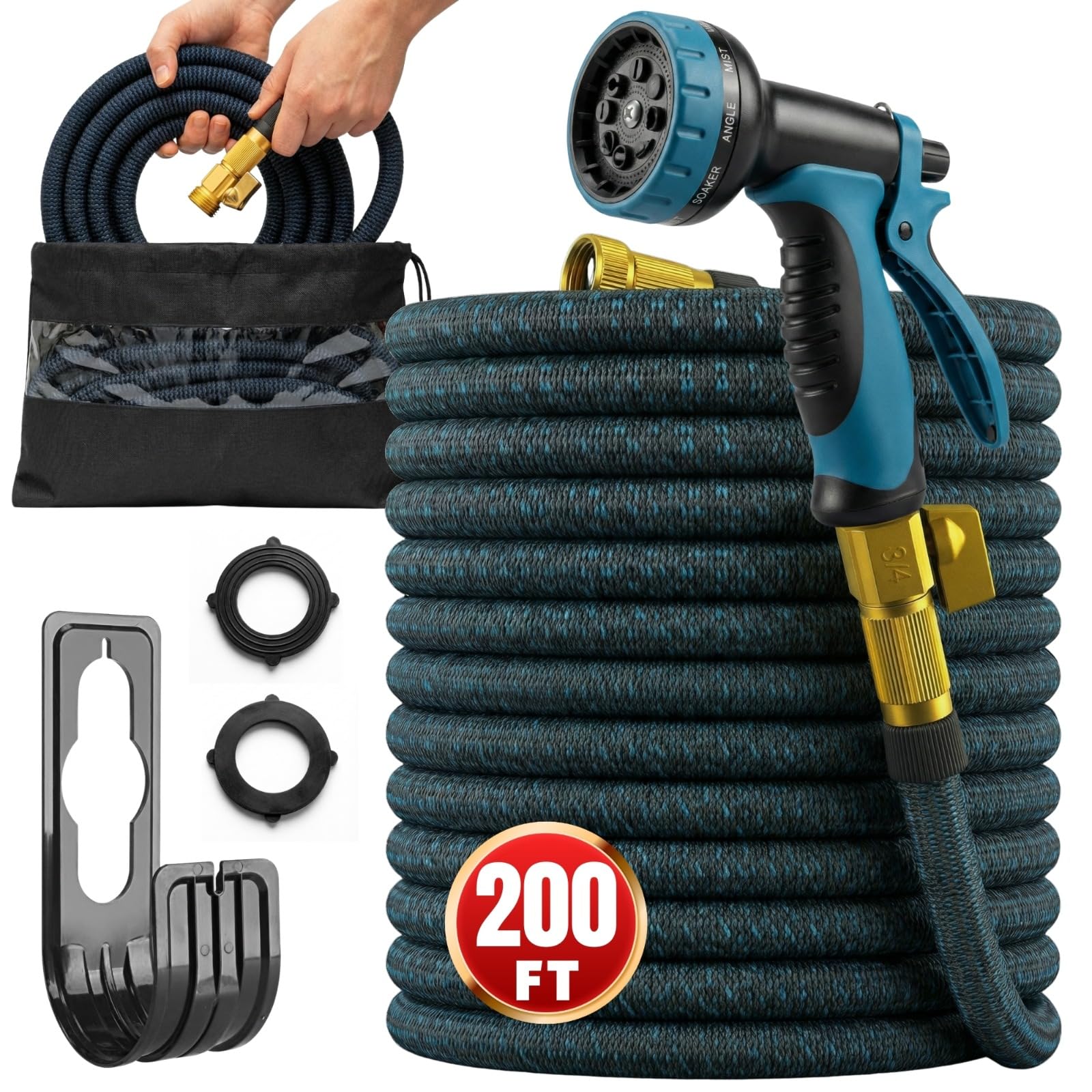 200ft Garden Hose with 10 Function Spray Nozzle, Expandable Garden Hose, 3/4" Easy Removal Solid Brass Connector, Flexible Water Hose, Extra Durable Material, Black&Blue by Luft