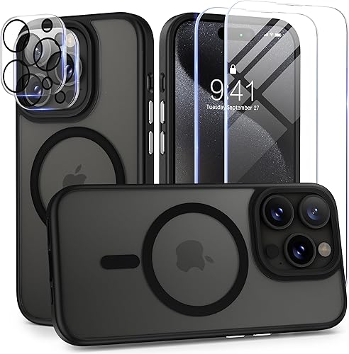 Funda magnética para iPhone 14 Pro compatible con MagSafe 2 pantallas de vidrio y 2 protectores de lente de cámara grado militar translúcida mate