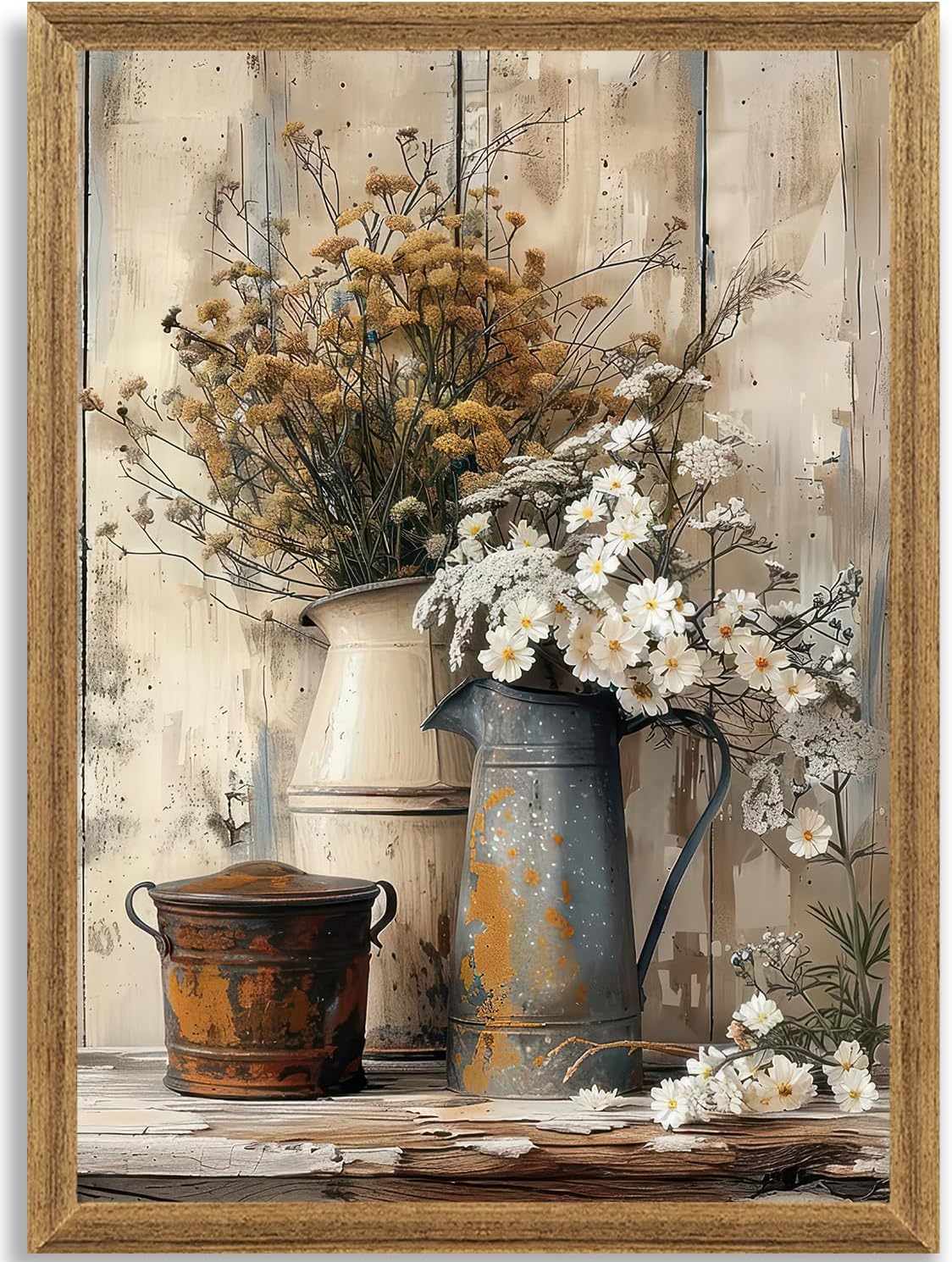 Krtoni Framed Farmhouse Vintage Canvas Wall Art, Country Floral Daisy Picture Wall Decor, White Jasmine Flowers and Rust Kettle Poster Print for Living Room Bedroom Bathroom Rustic Decor 24''L x 16''W 24"L x 16"W Kettle Daisy