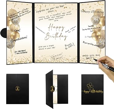 DARUNAXY Black Gold Happy Birthday Alternative Signature Guestbook | Birthday Party Decorations for Men Women, Happy 30th 40th 50th 60th 70th 80th Birthday Gift Signing Card Board Party Supplies