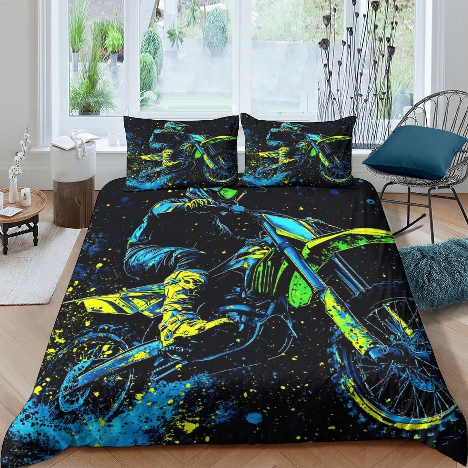 Ctjqhvkz Style-1 3D Printed Motocross Graffiti Fitted Sheet Microfiber Soft Black Neon Motorcycle Bed Cover For Bedroom Living Room Decor Single（135X200cm）