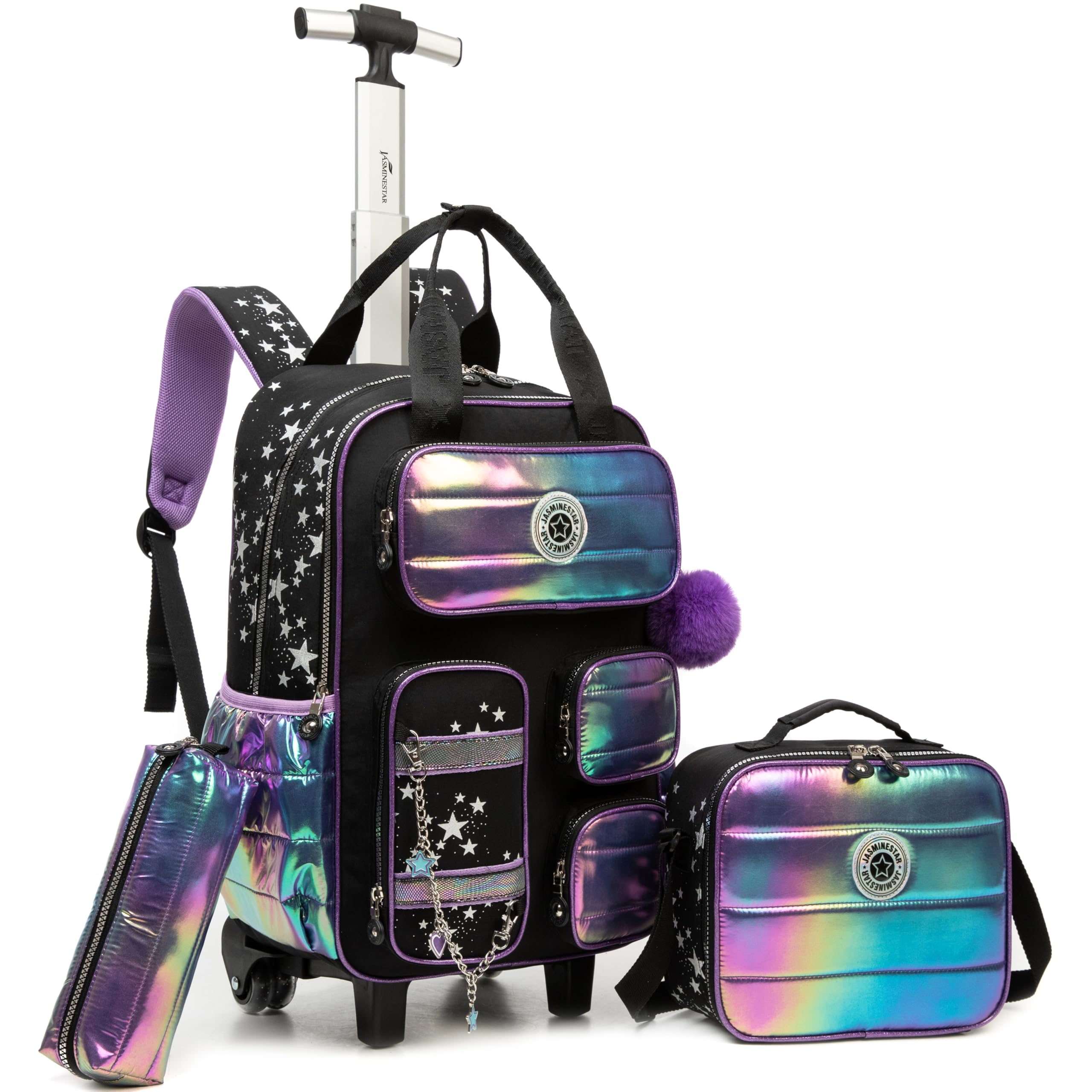 MYHSBYO Rolling Backpack with Wheels for Girls Rolling Backpack with Lunch Bag and Pencil Case Set Kids Travel Luggage for Elementary School Girls