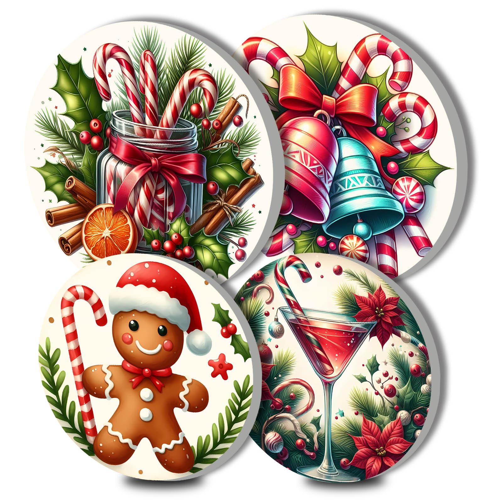 Candy Canes Art Electric Stove Burner Covers,4 Pcs Christmas Bells Round Stove Burner Covers,Gingerbread Men Stove Burner Cover,8 Inch and 10 Inch,Drink Metal Cooktop Home Decorative