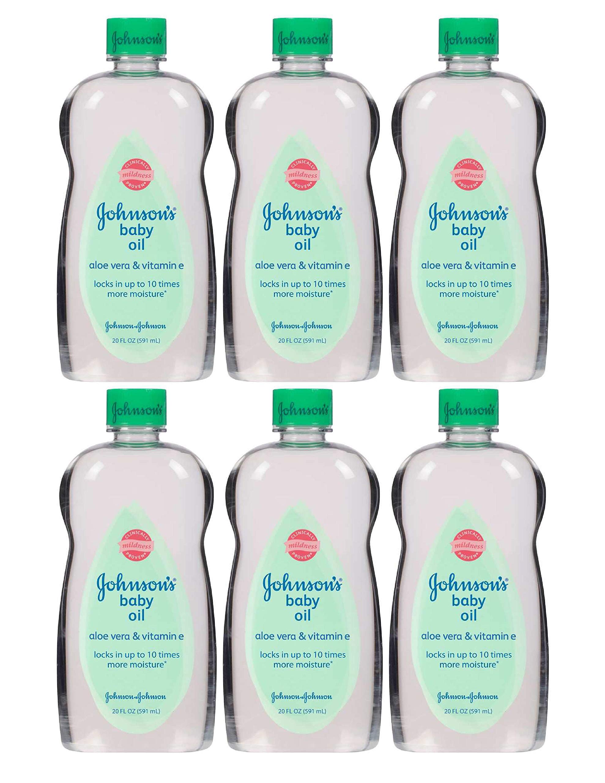 Johnson's Baby Oil, Mineral Oil Enriched With Aloe Vera and Vitamin E to Prevent Moisture Loss, Hypoallergenic, 20 fl. oz (Pack of 6)